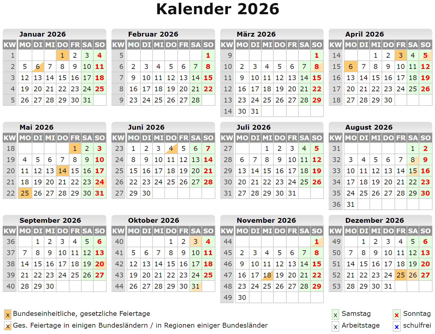 Kalender 2026 Zum Ausdrucken Kostenlos | Kalender 2026 mit KW zum Ausdrucken
