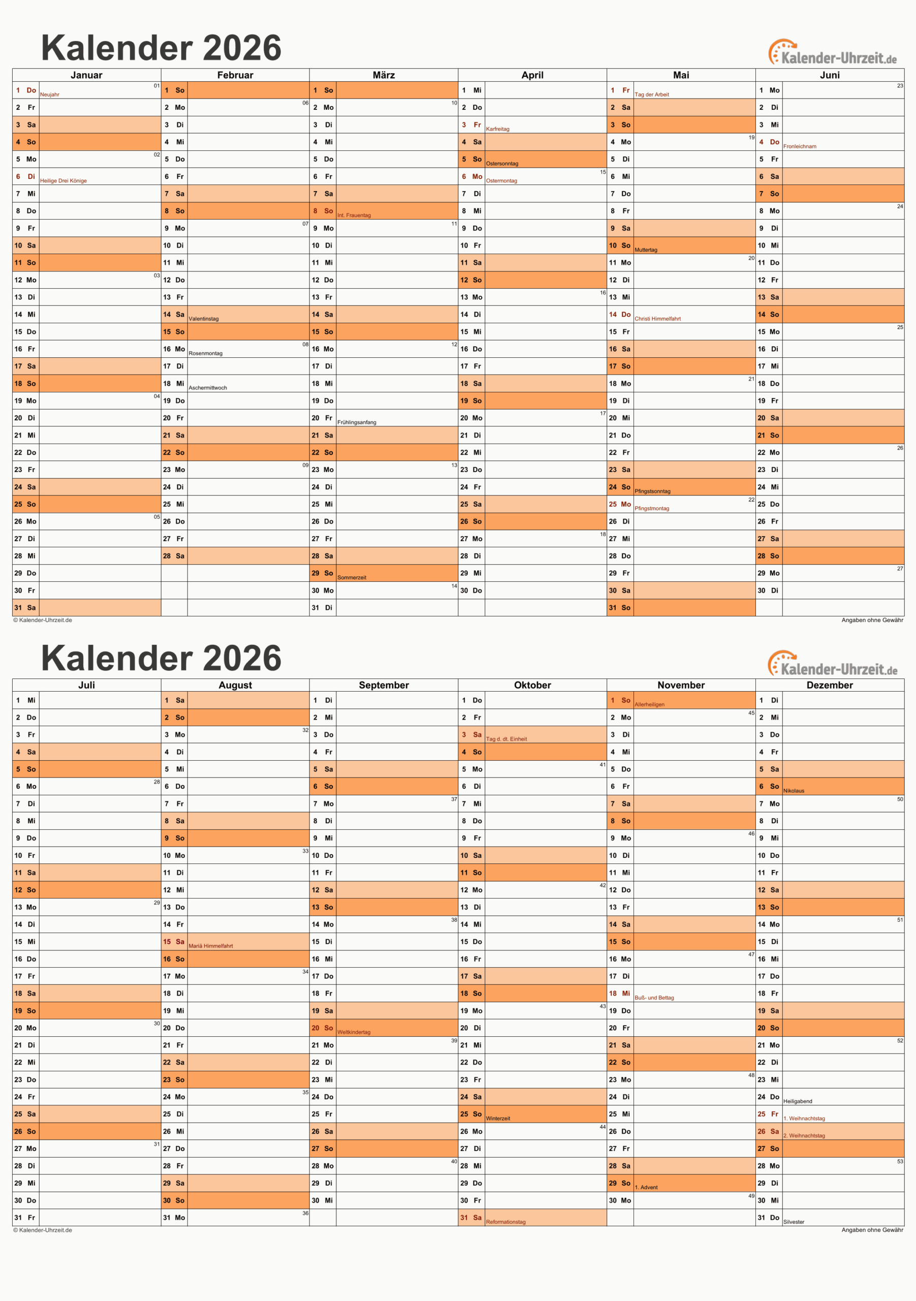 Kalender 2026 Zum Ausdrucken - Kostenlos | Kalender Uhrzeit 2026