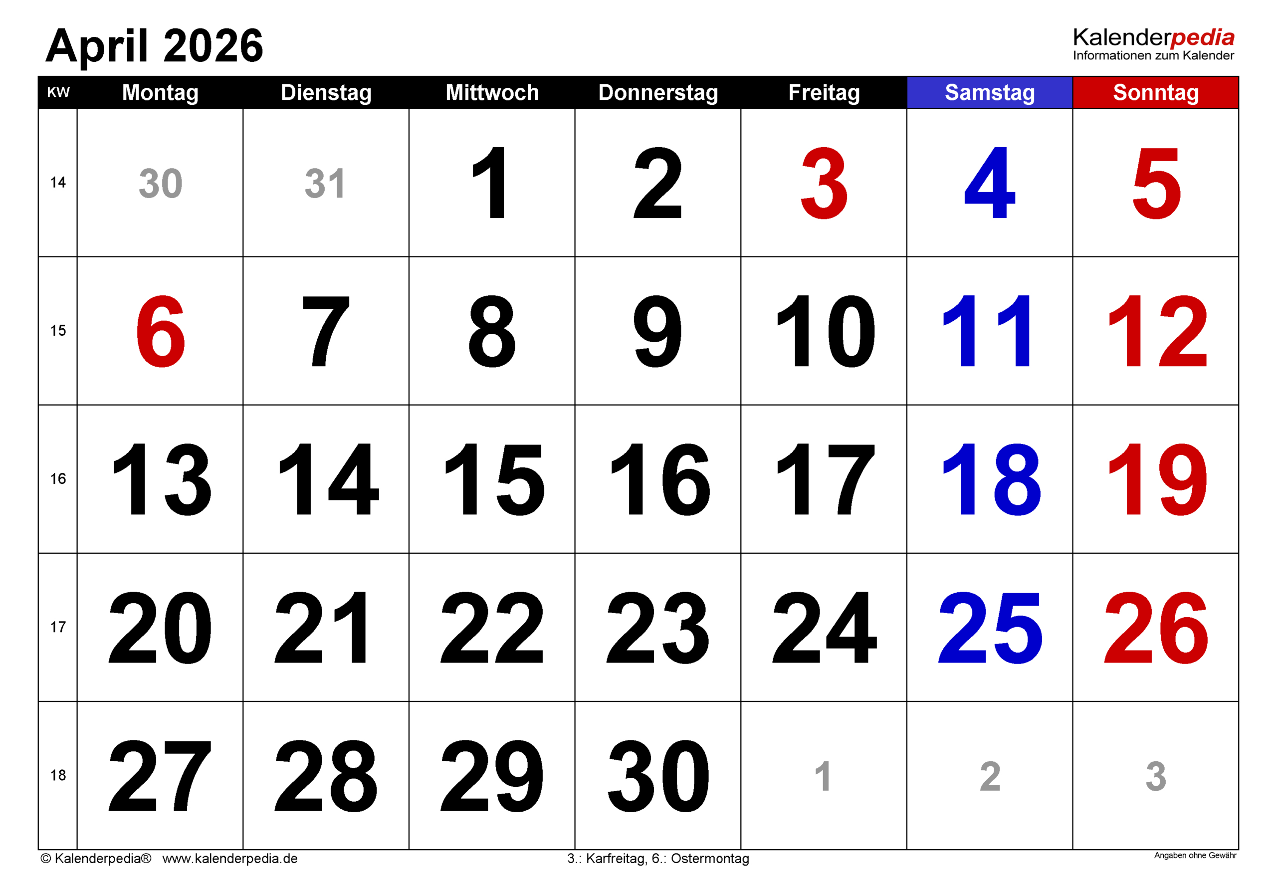 Kalender April 2026 Als Word-Vorlagen | Kalender April 2026 mit Feiertagen