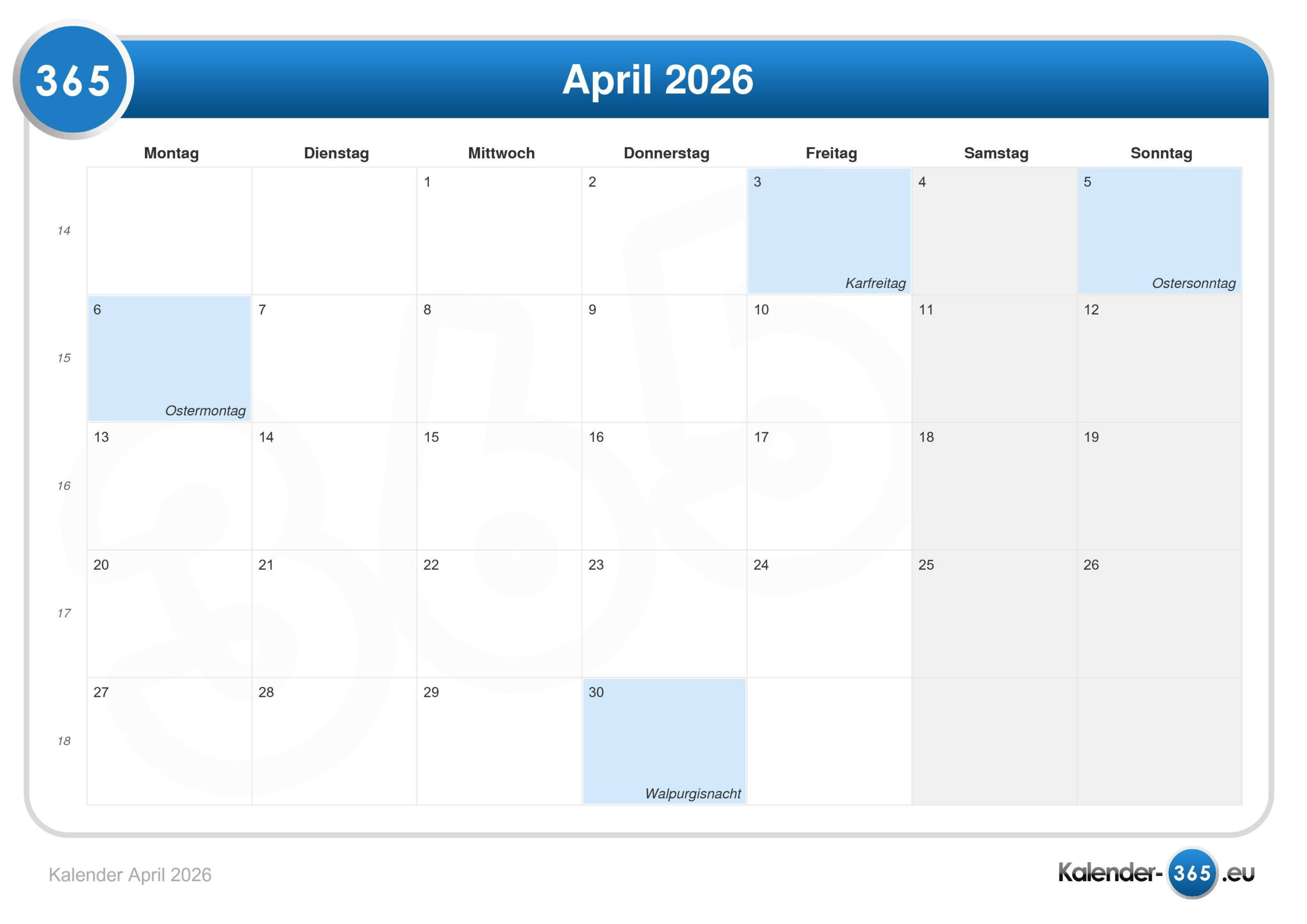 Kalender April 2026 | Kalender April 2026 mit Feiertagen
