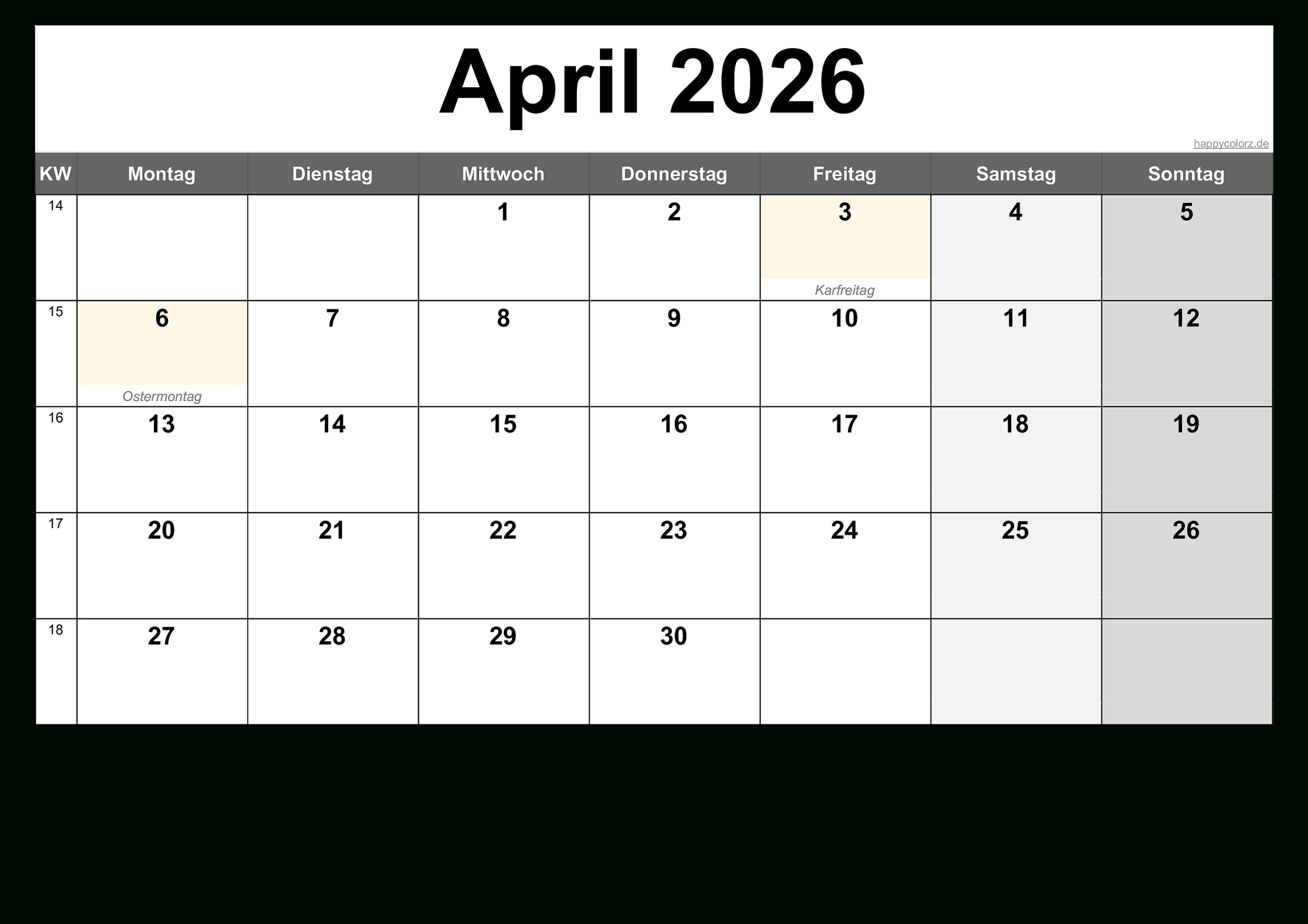 Kalender April 2026 Zum Ausdrucken (Pdf, Xls, Png) | Kalender April 2026 Mit Feiertagen