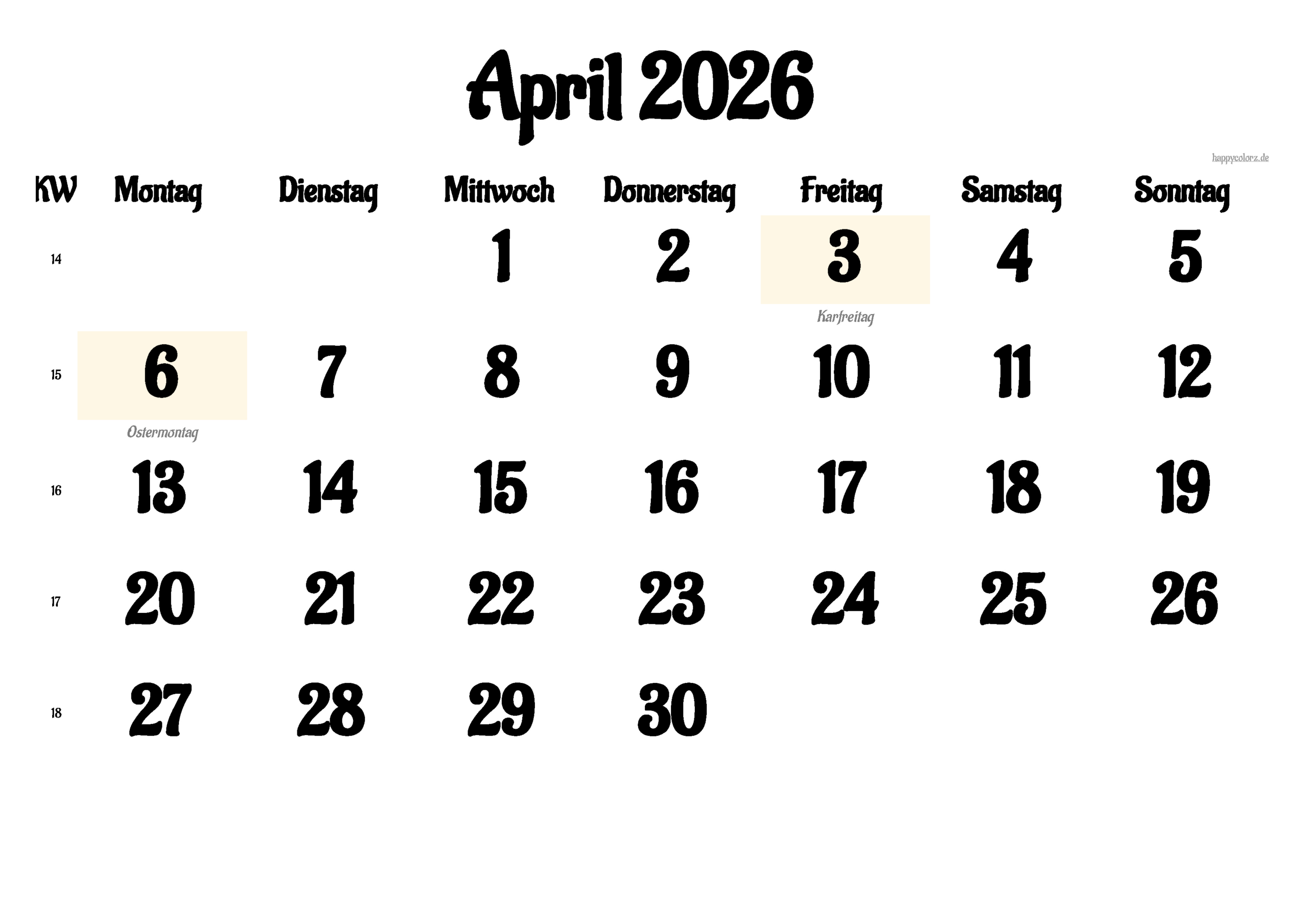 Kalender April 2026 Zum Ausdrucken (Pdf, Xls, Png) | Kalender April 2026 Mit Feiertagen