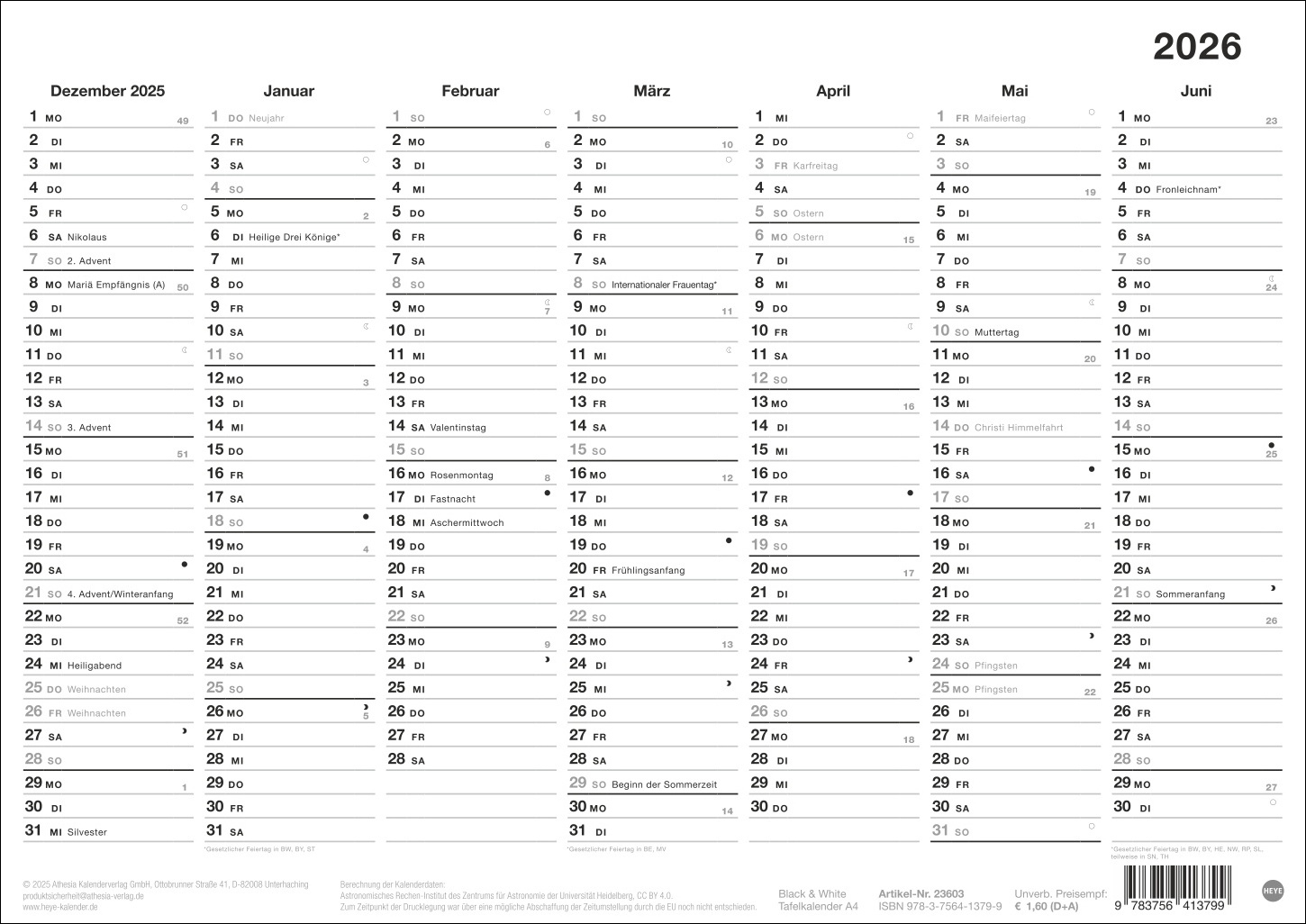 Kalender Black&amp;amp;White Tafelkalender A4 2026 Online Kaufen | Heye Kalender 2026