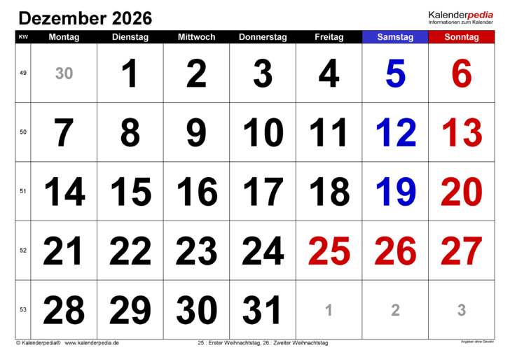 Kalender Dezember 2026