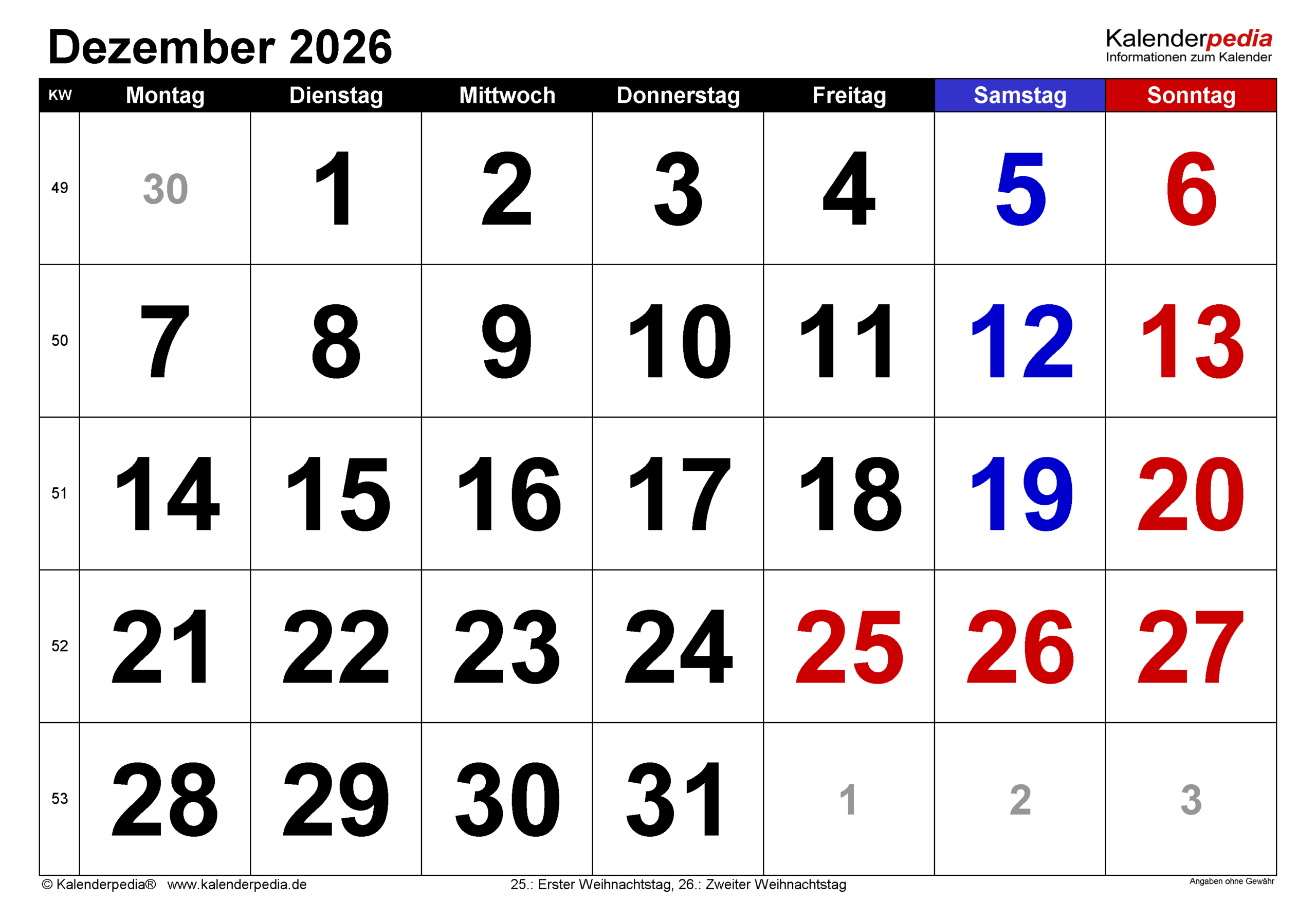 Kalender Dezember 2026 Als Excel-Vorlagen | Kalender Dezember 2026