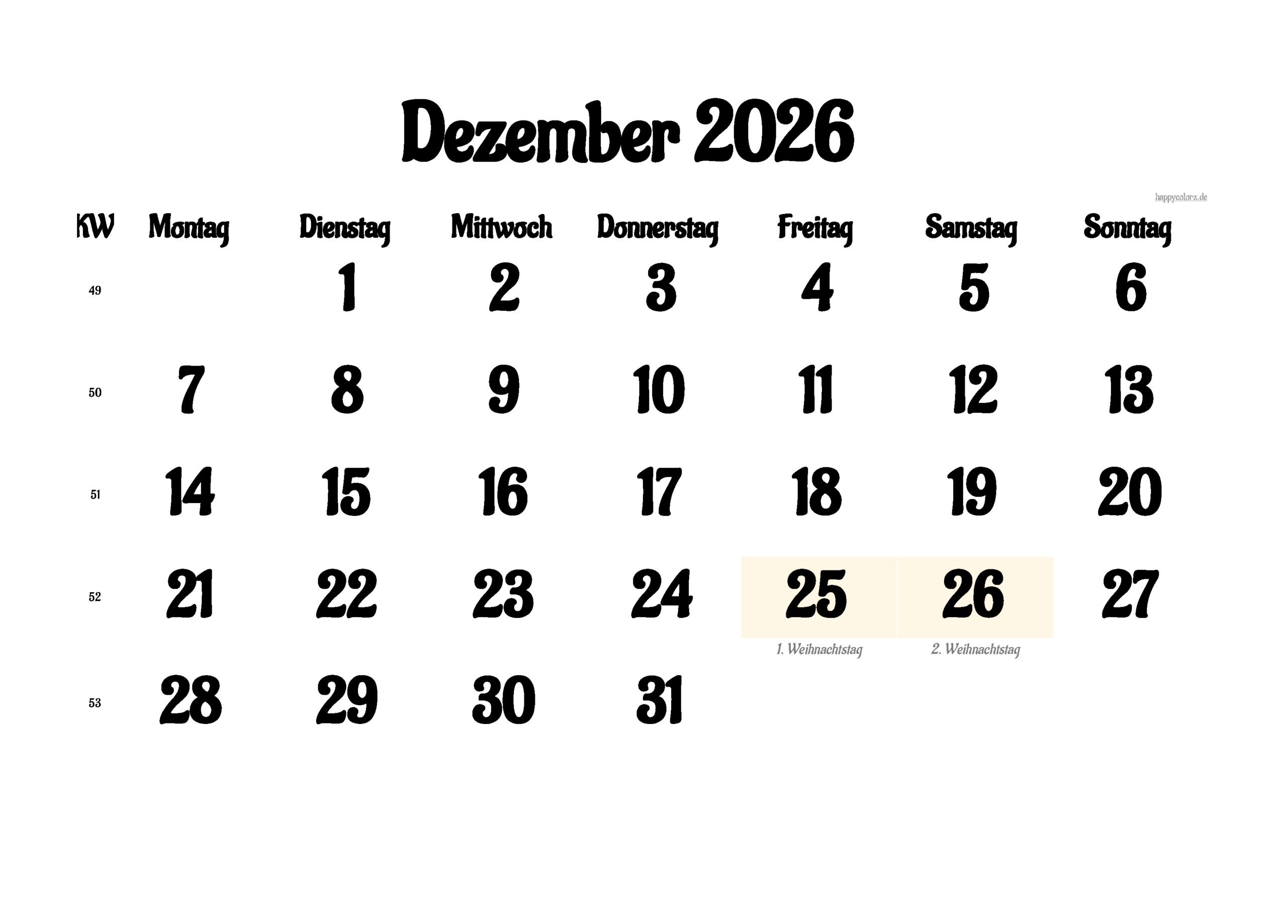 Kalender Dezember 2026 Zum Ausdrucken (Pdf, Xls, Png) | Kalender Dezember 2026
