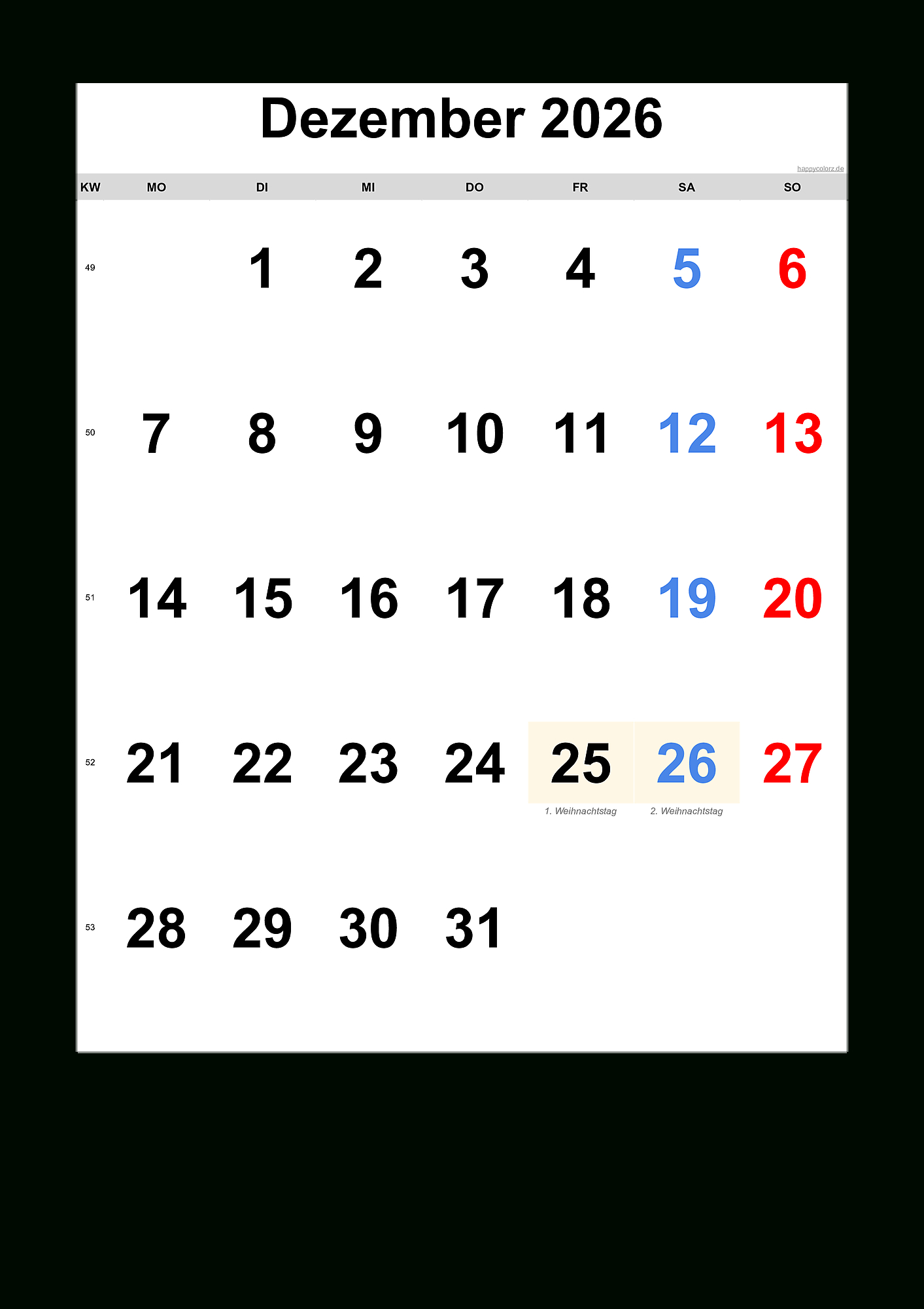 Kalender Dezember 2026 Zum Ausdrucken (Pdf, Xls, Png) | Kalender Dezember 2026