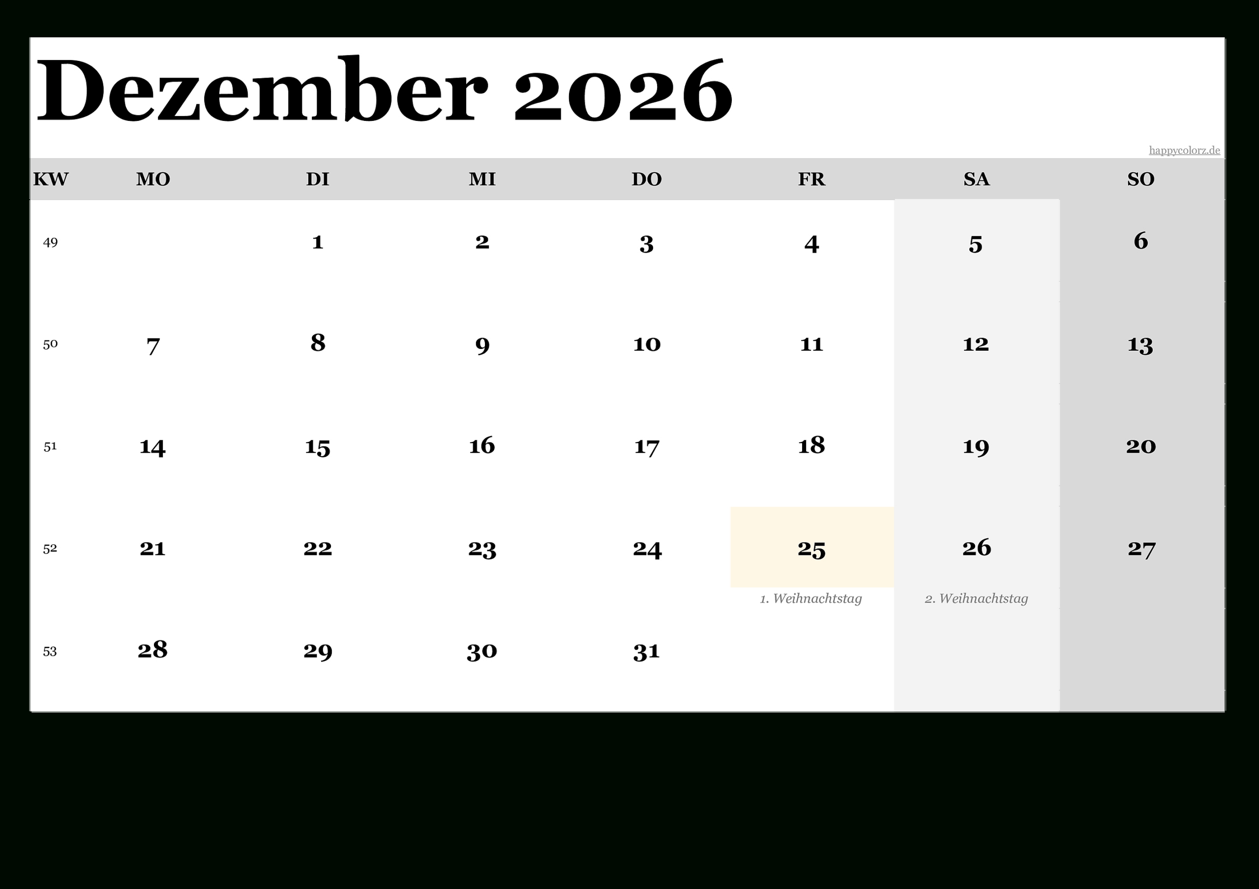 Kalender Dezember 2026 Zum Ausdrucken (Pdf, Xls, Png) | Kalender Dezember 2026