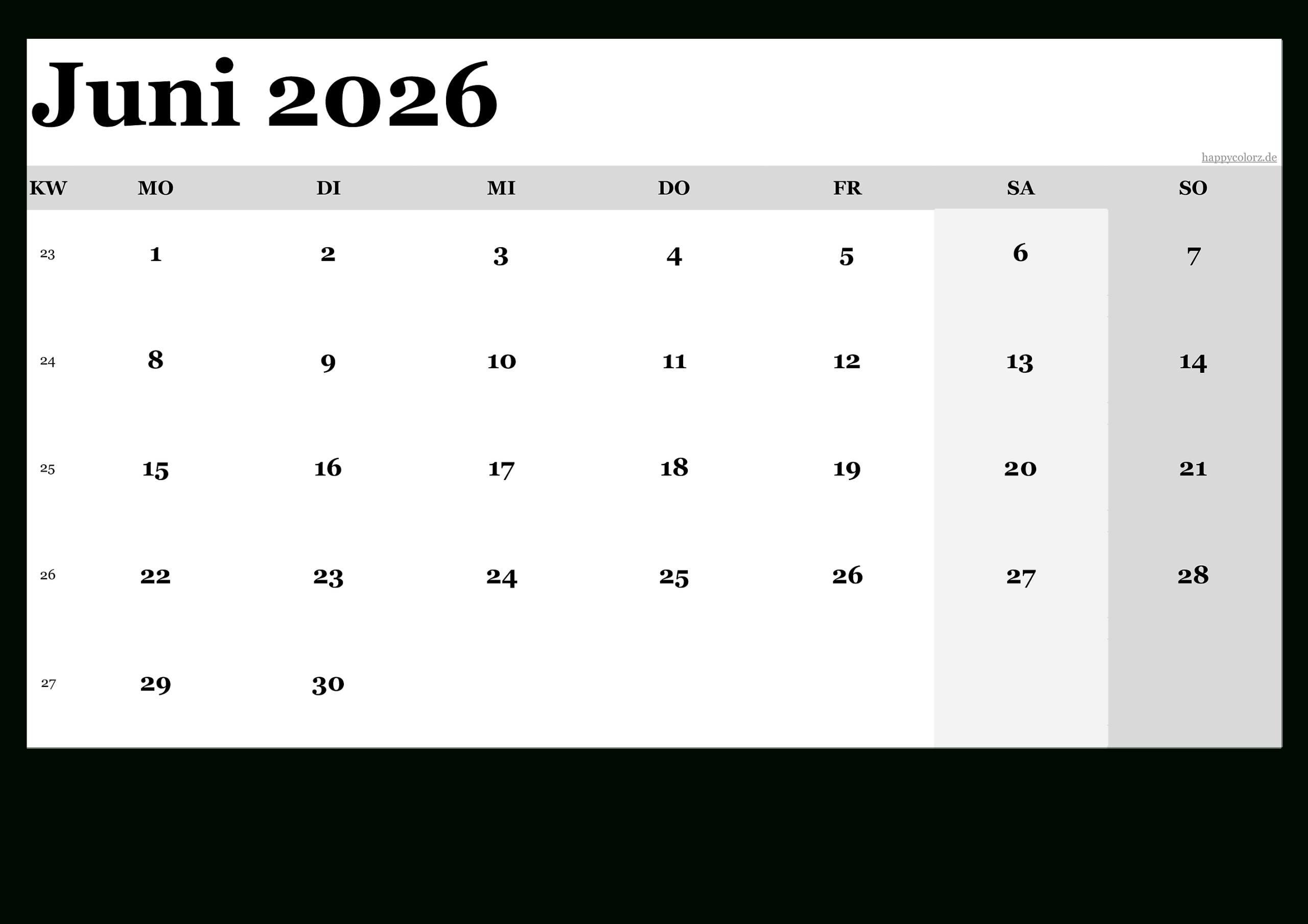 Kalender Juni 2026 Zum Ausdrucken (Pdf, Xls, Png) | Kalender Juni 2026 Mit Feiertagen