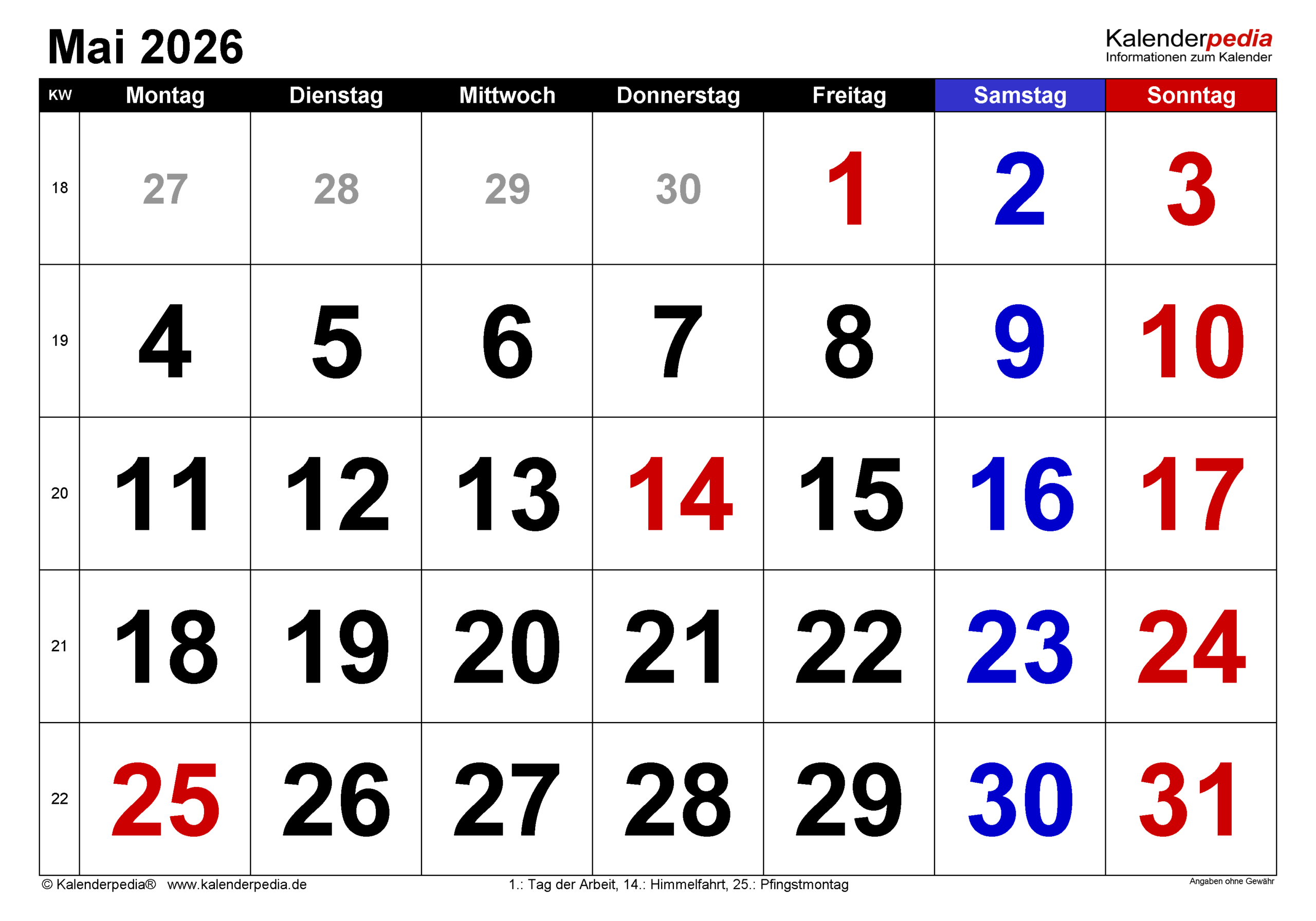 Kalender Mai 2026 Als Excel-Vorlagen | Kalender Mai 2026