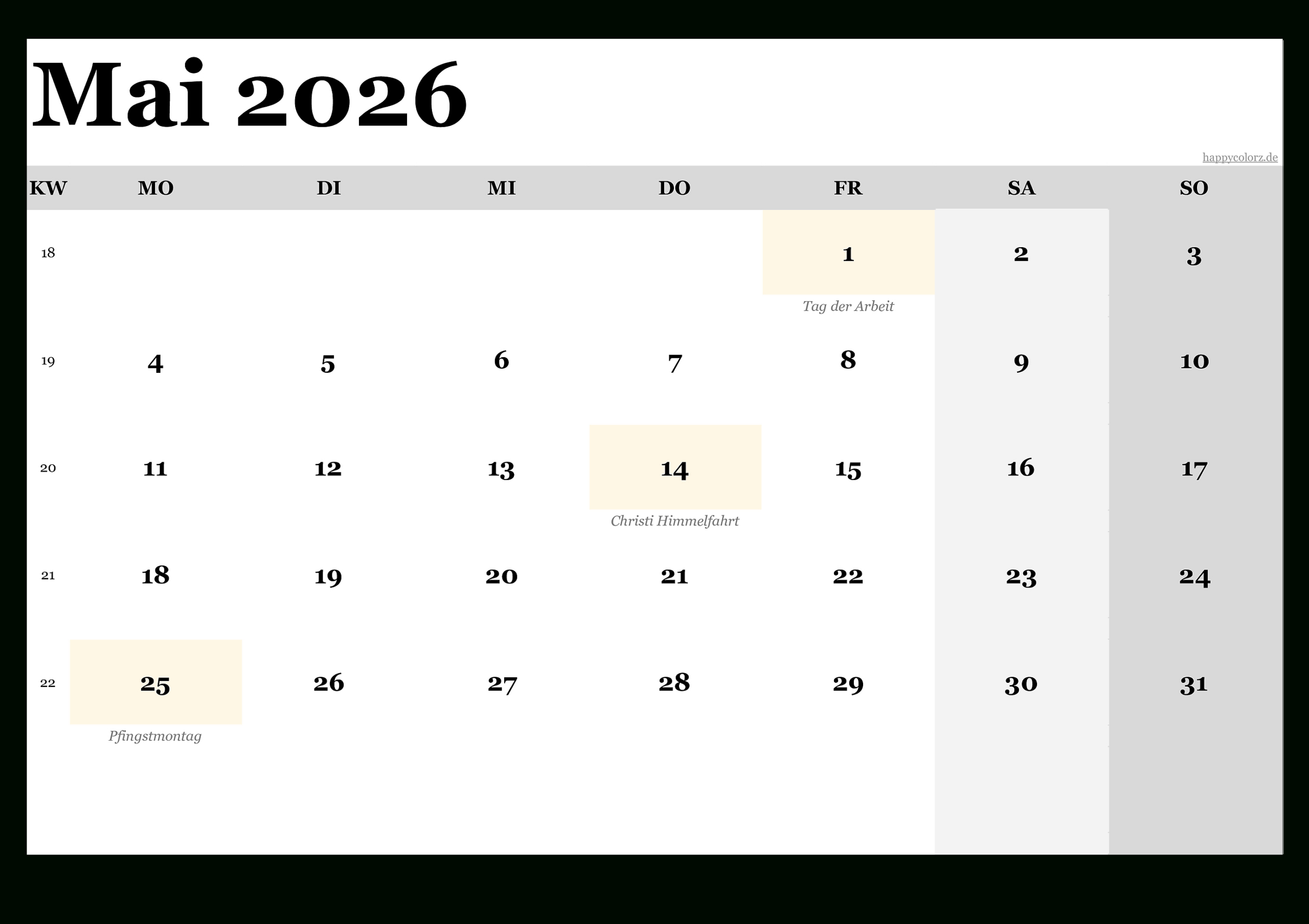 Kalender Mai 2026 Zum Ausdrucken (Pdf, Xls, Png) | Kalender Mai 2026