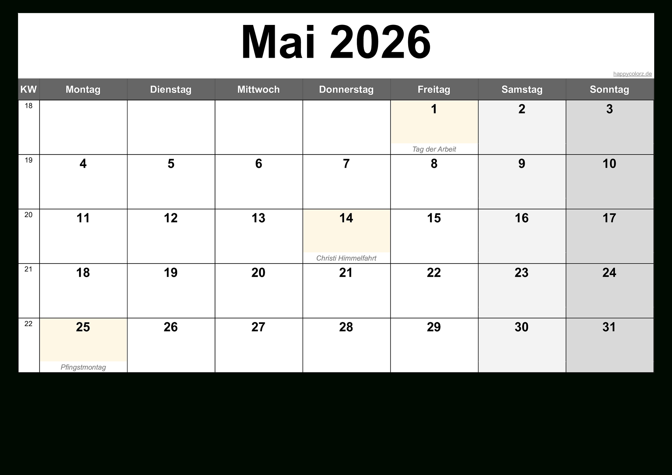 Kalender Mai 2026 Zum Ausdrucken (Pdf, Xls, Png) | Kalender Mai 2026
