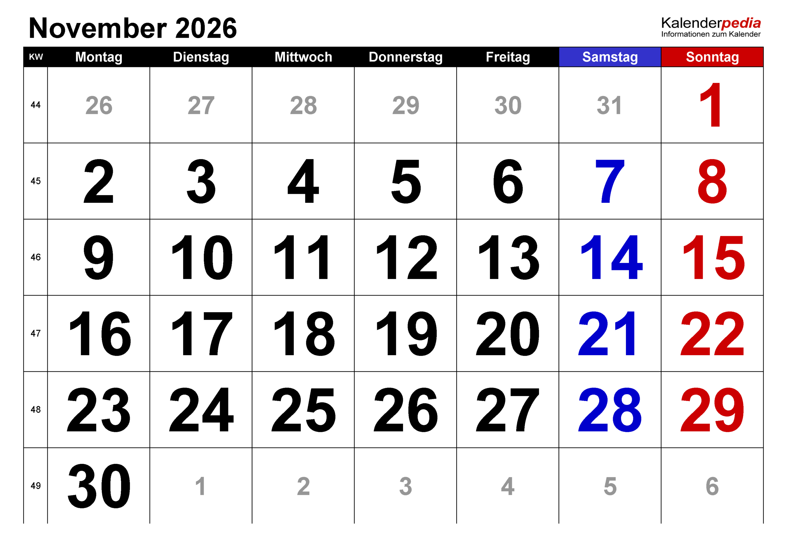 Kalender November 2026 Als Pdf-Vorlagen | Kalender November 2026