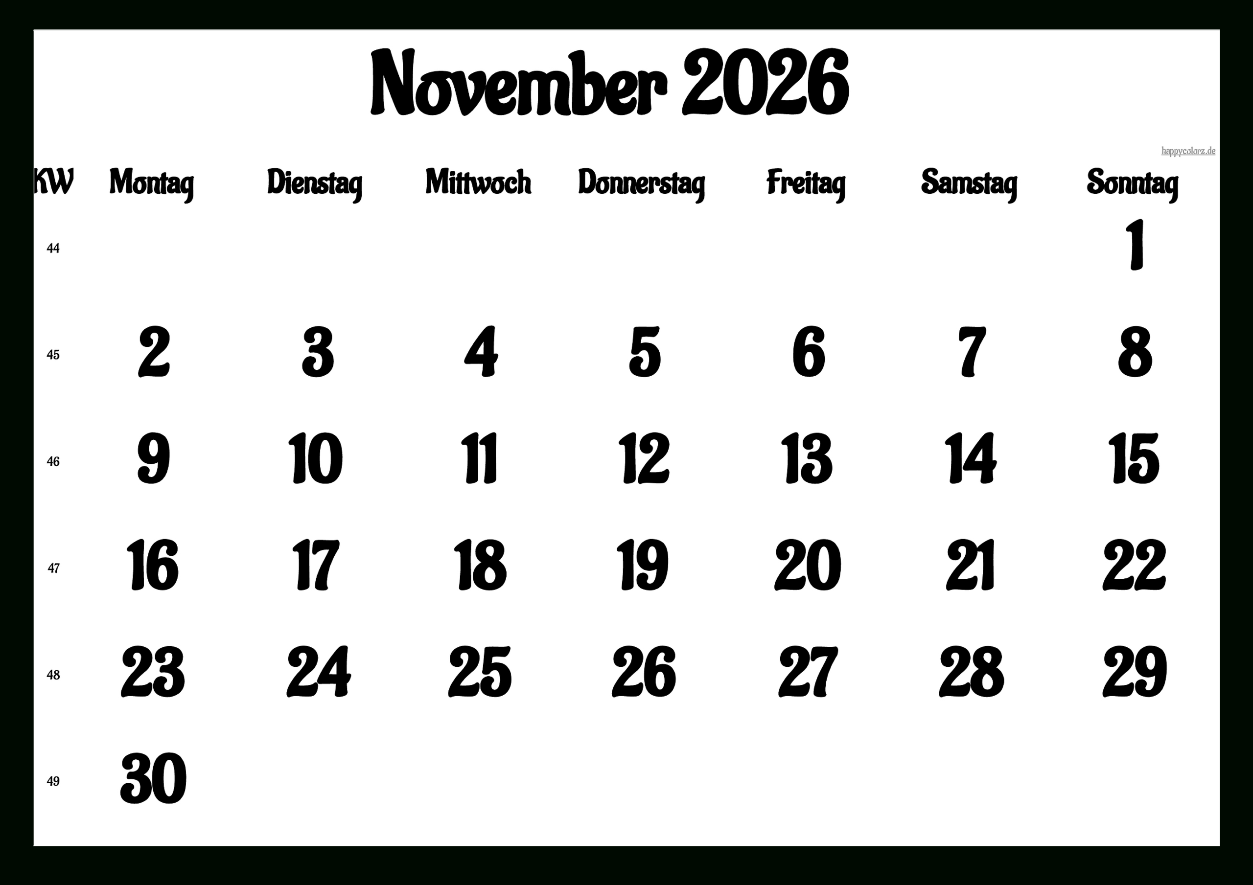 Kalender November 2026 Zum Ausdrucken (Pdf, Xls, Png) | Kalender November 2026