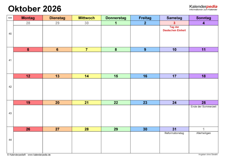 Oktober Kalender 2026