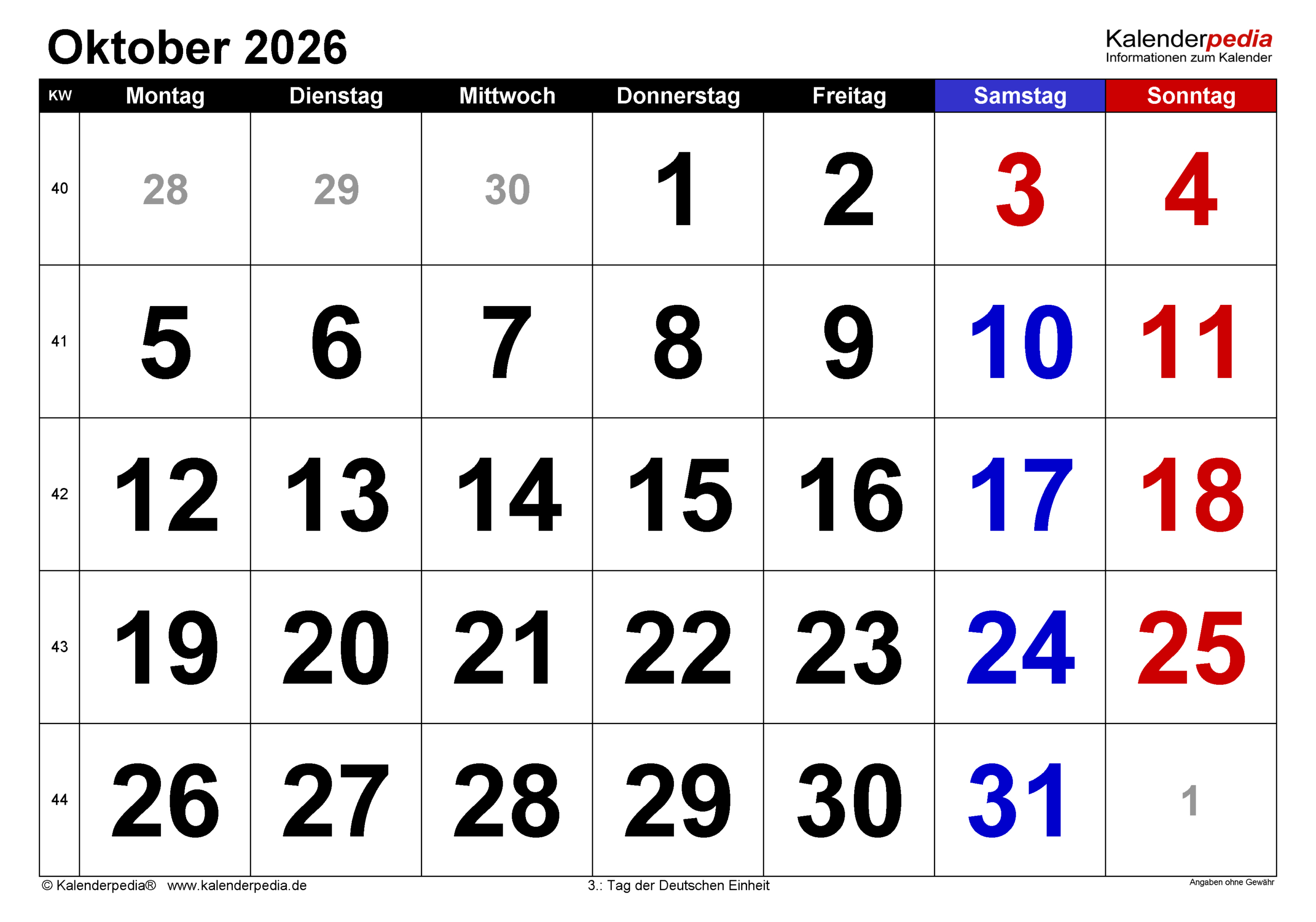 Kalender Oktober 2026 Als Word-Vorlagen | Oktober Kalender 2026