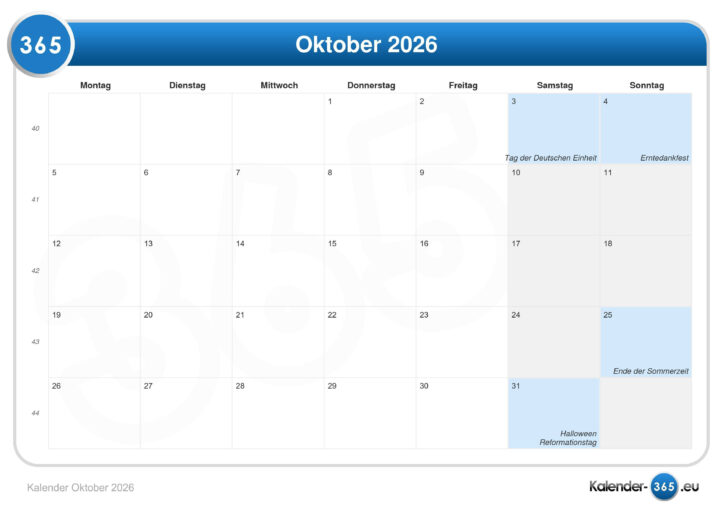 Kalender Oktober 2026