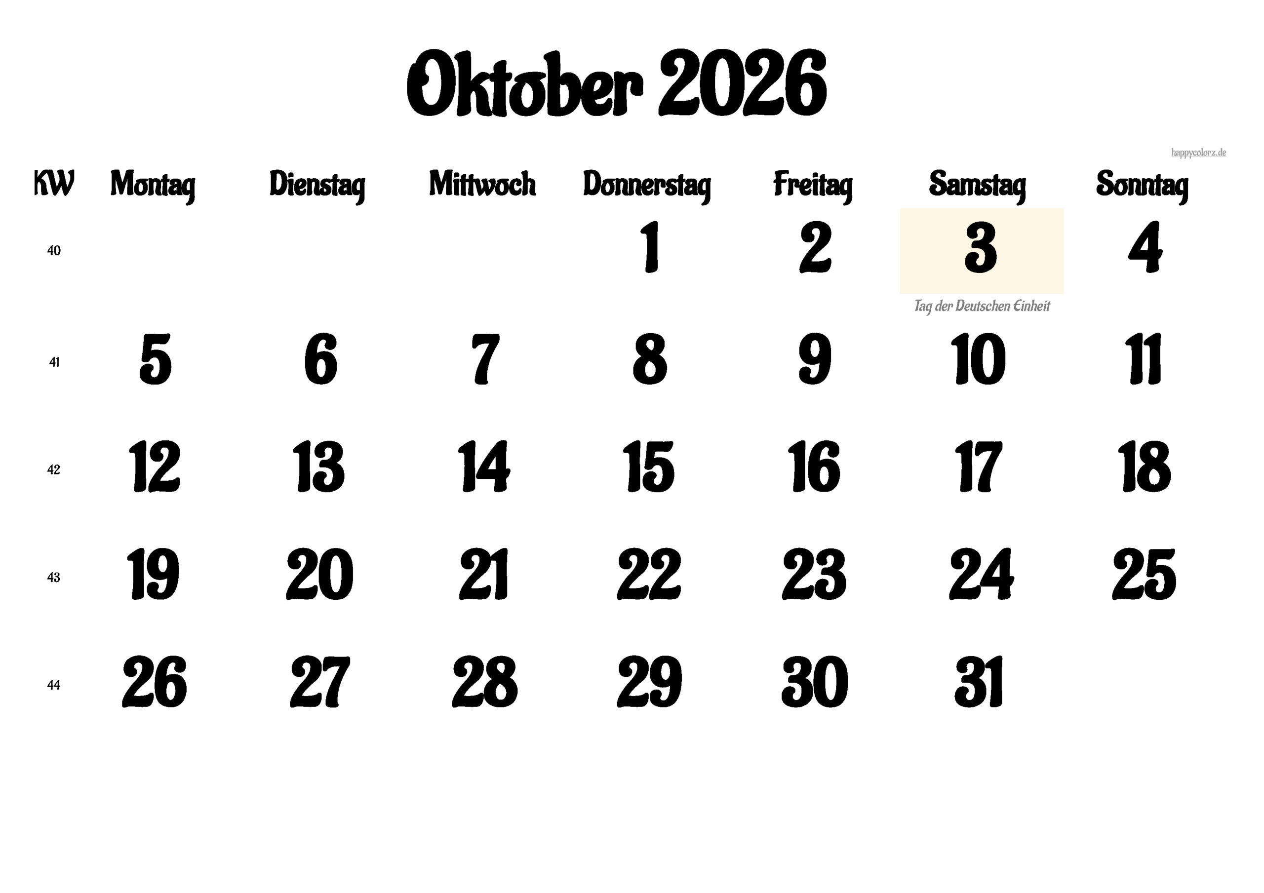 Kalender Oktober 2026 Zum Ausdrucken (Pdf, Xls, Png) | Kalender Oktober 2026