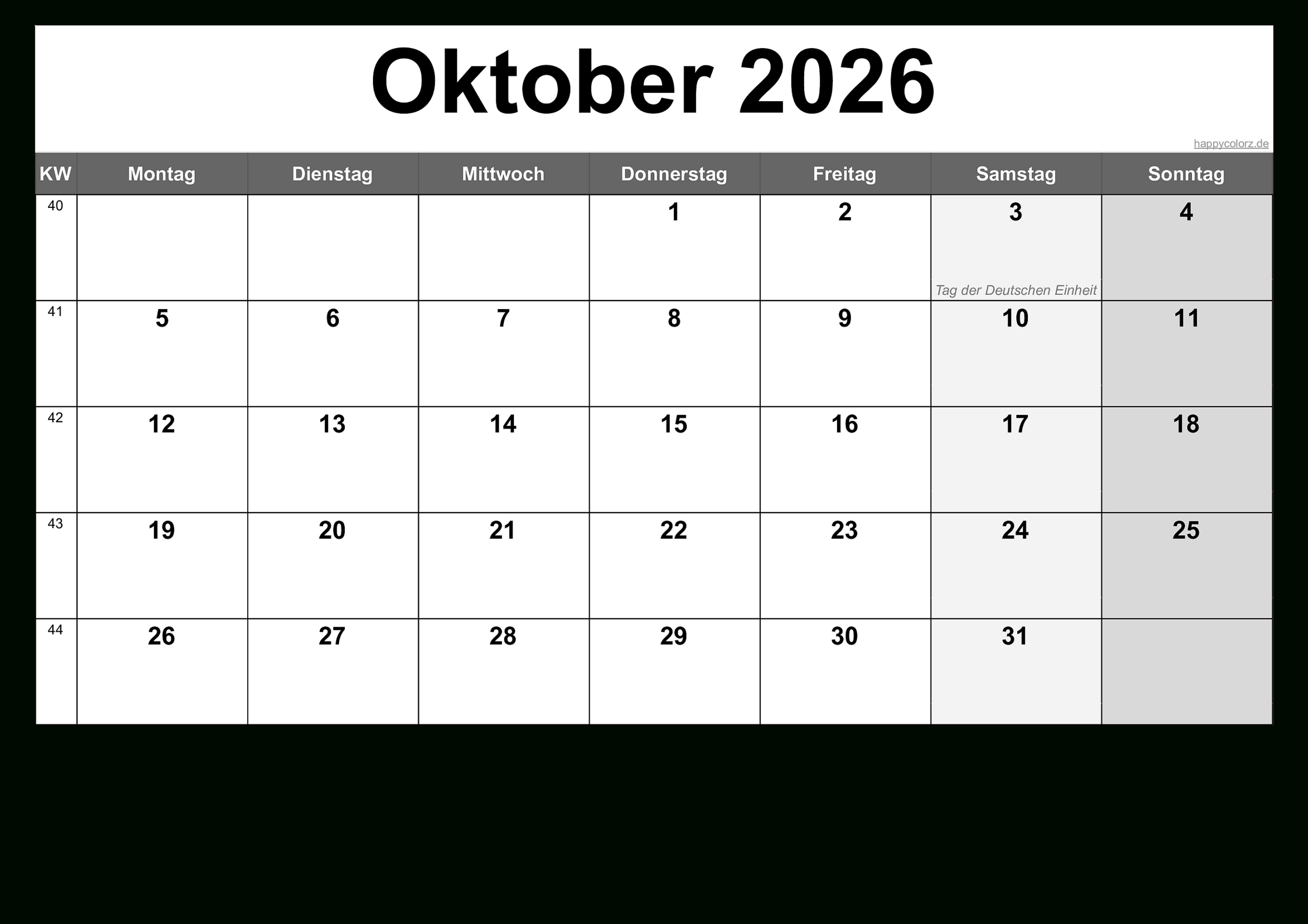 Kalender Oktober 2026 Zum Ausdrucken (Pdf, Xls, Png) | Oktober Kalender 2026