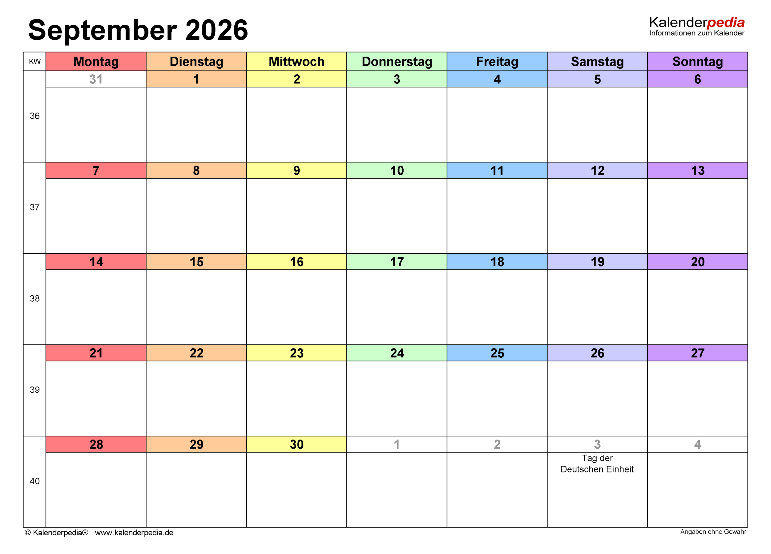 Kalender September 2026 Als Word-Vorlagen | September Kalender 2026