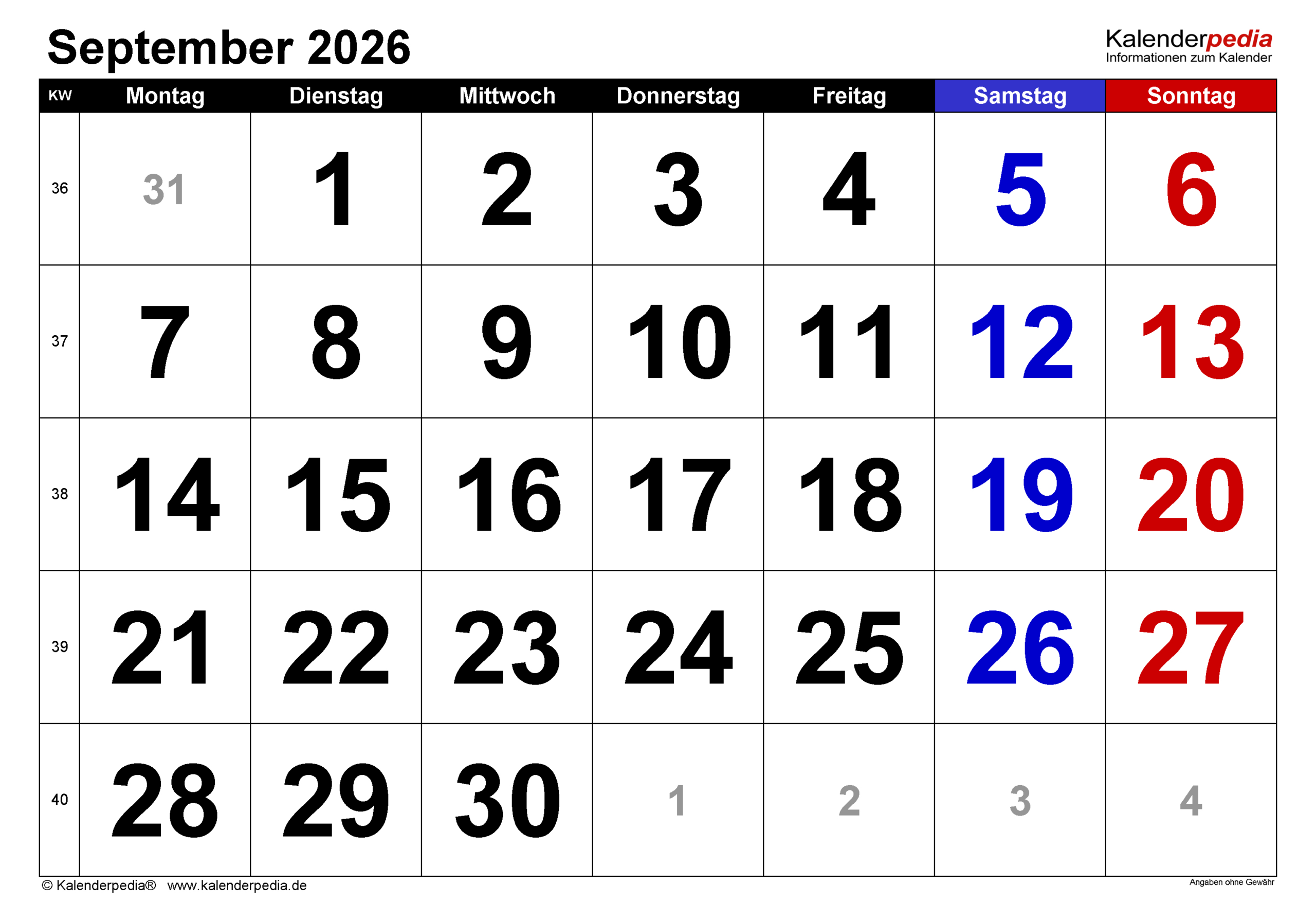 Kalender September 2026 Als Word-Vorlagen | September Kalender 2026
