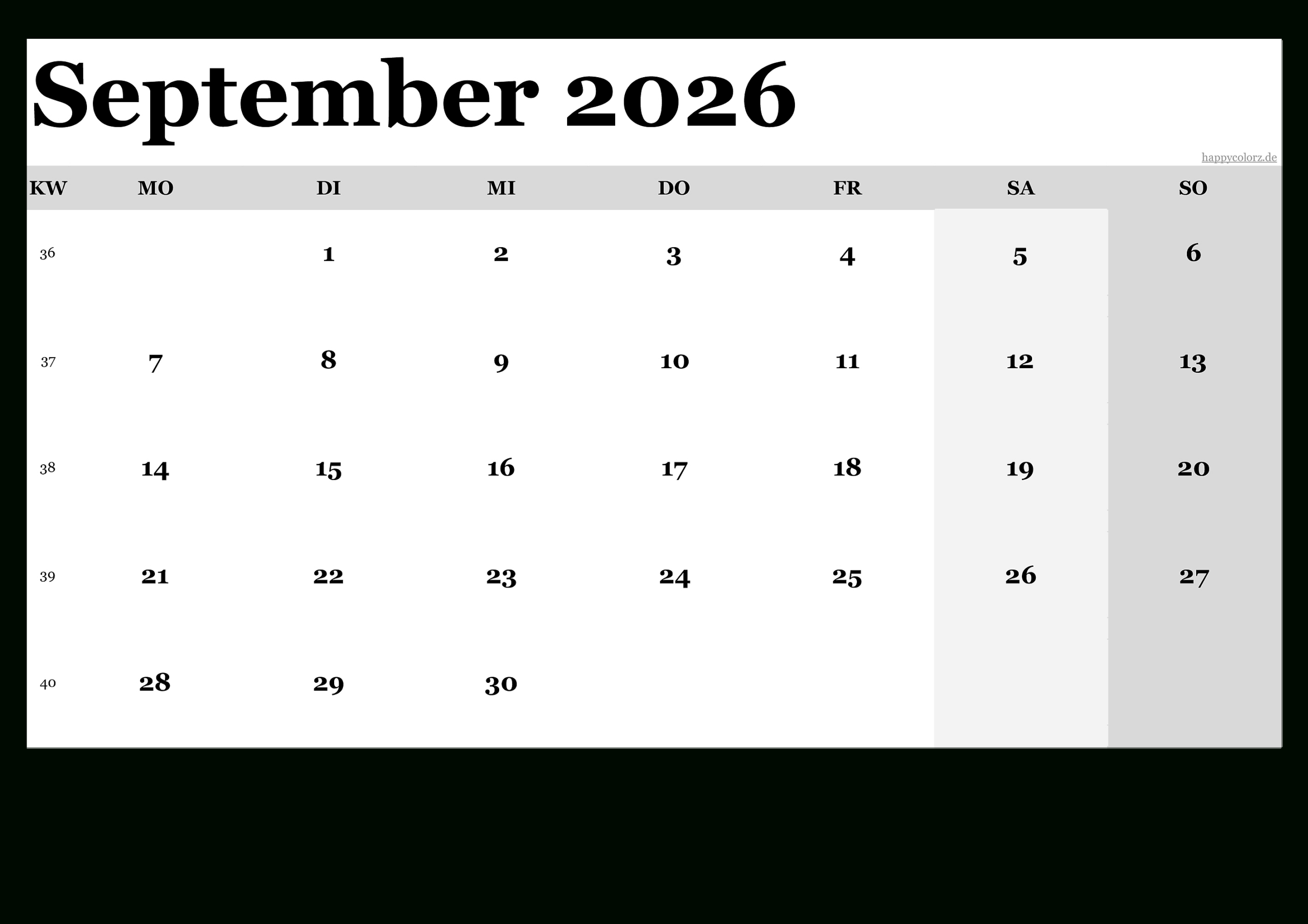 Kalender September 2026 Zum Ausdrucken (Pdf, Xls, Png) | September Kalender 2026