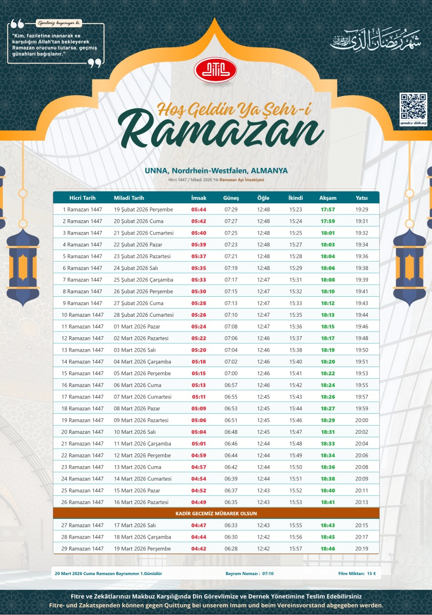 Ramazan Imsakiyesi 2026 - Ramadan Kalender 2026 - Unna - Ditib | Ramadan Kalender 2026