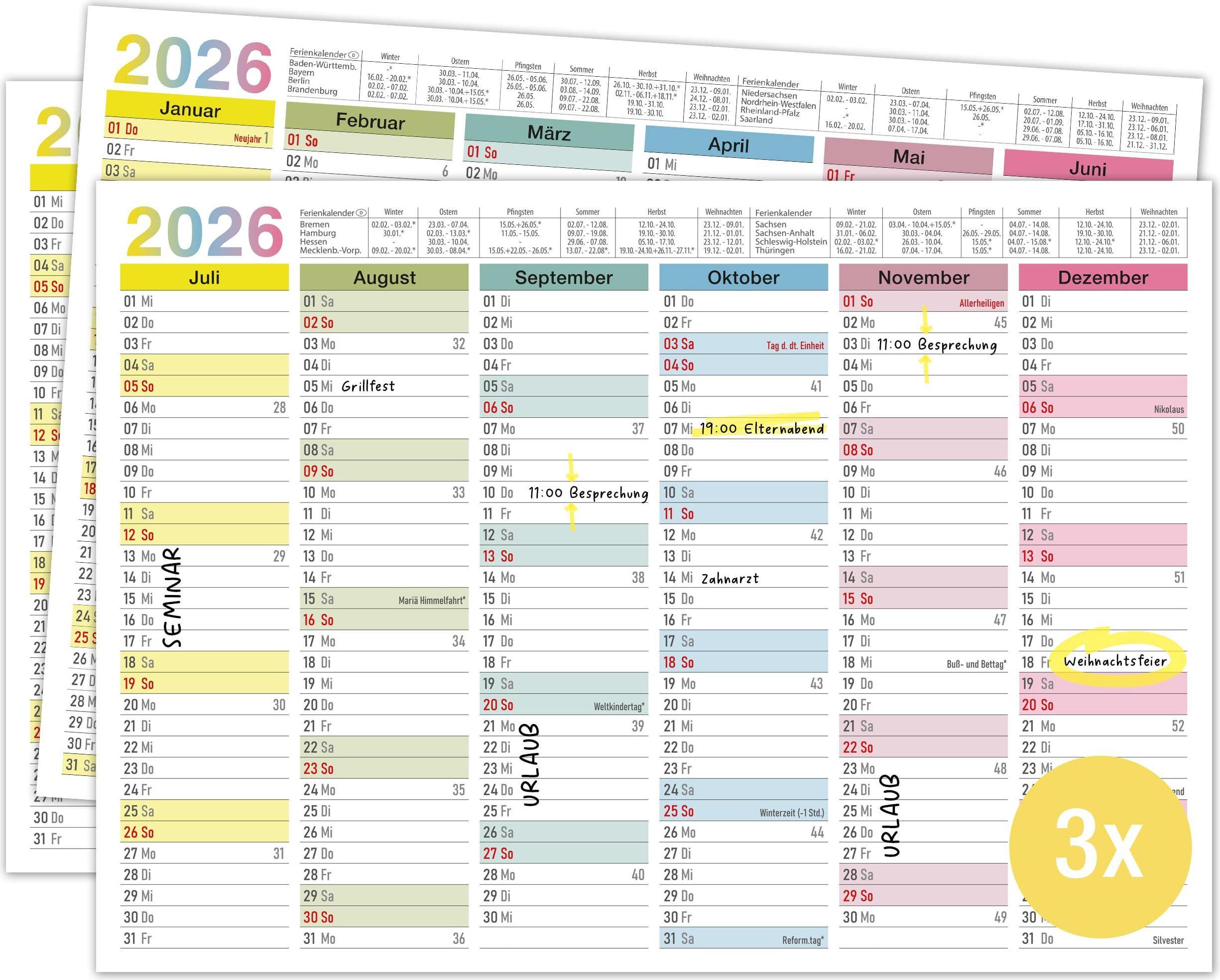 Tafelkalender 2026 A4 &amp;quot;Bunt&amp;quot; - Kalender 2026 Mit Ferien &amp;amp; | Kalender 2026 Kaufen
