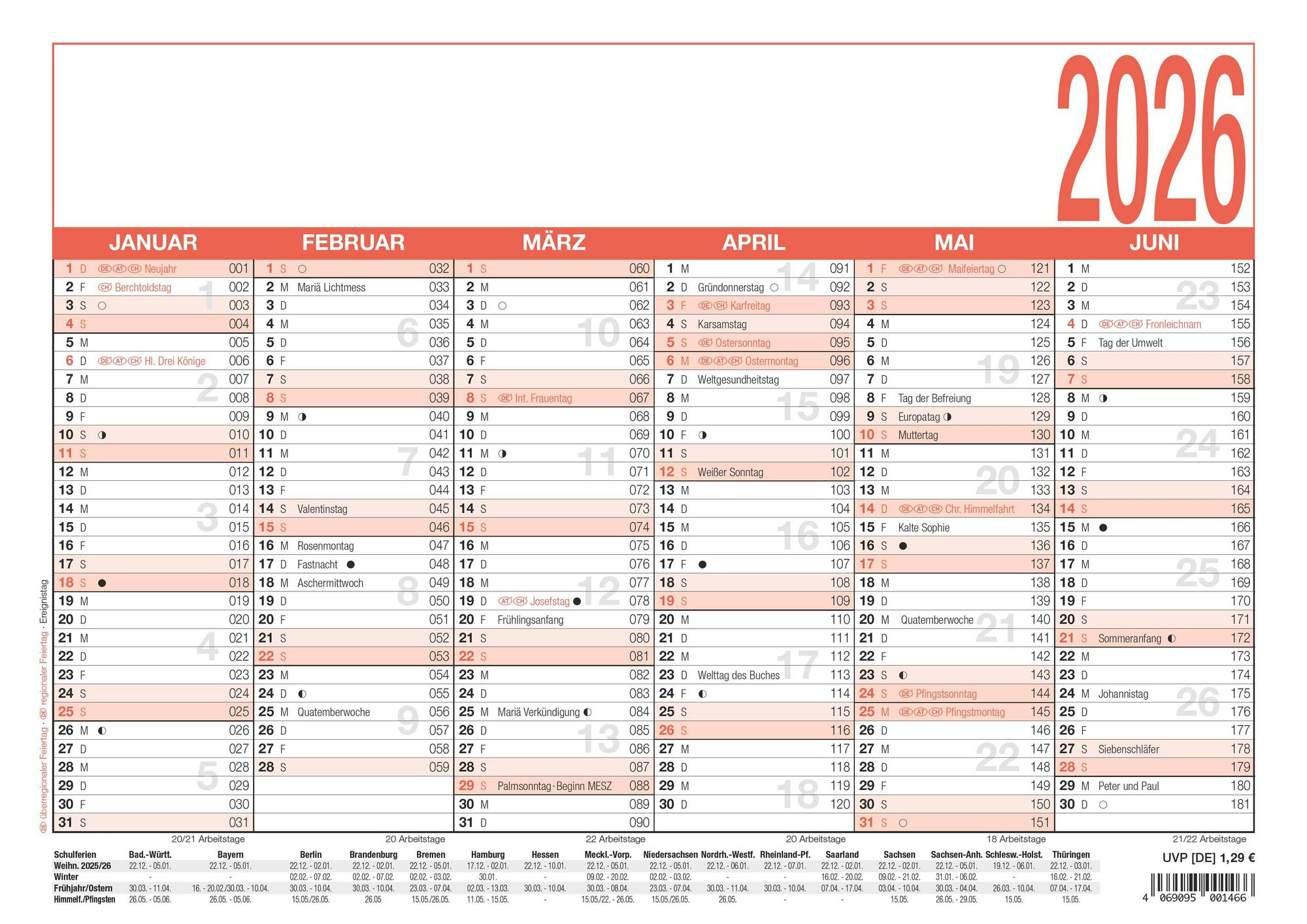 Zettler Arbeitstagekalender A4 2026 – Bürokalender Groß 30 × 21 Cm | Zettler Kalender 2026