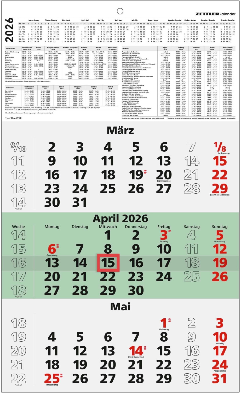 Zettler Dreimonatskalender 956 29,5X49Cm Recycling 2026 Ab 5,70 | Zettler Kalender 2026