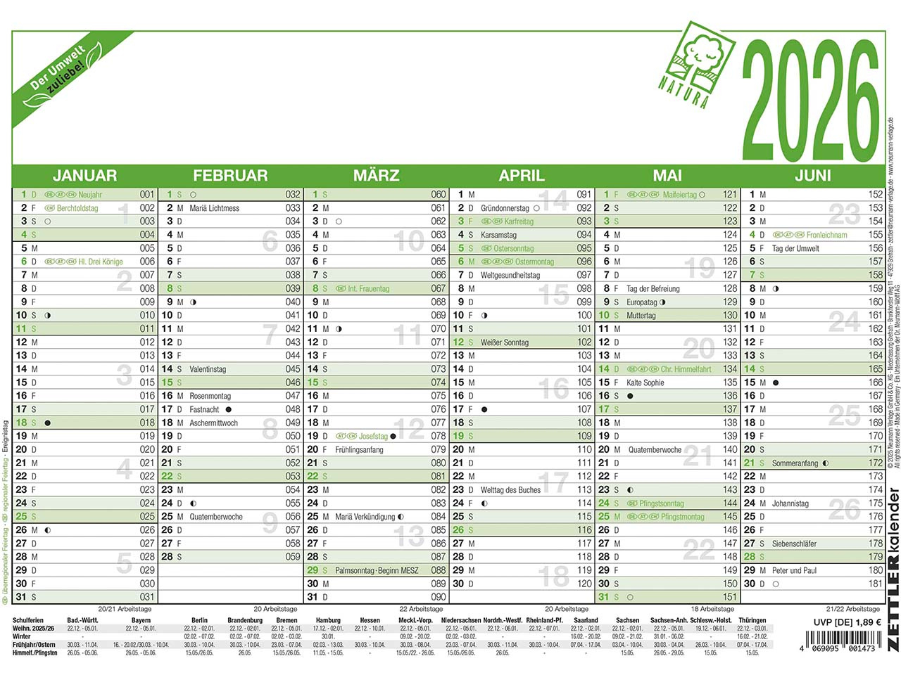 Zettler Wandtafelkalender Din A4 2026 | Zettler Kalender 2026