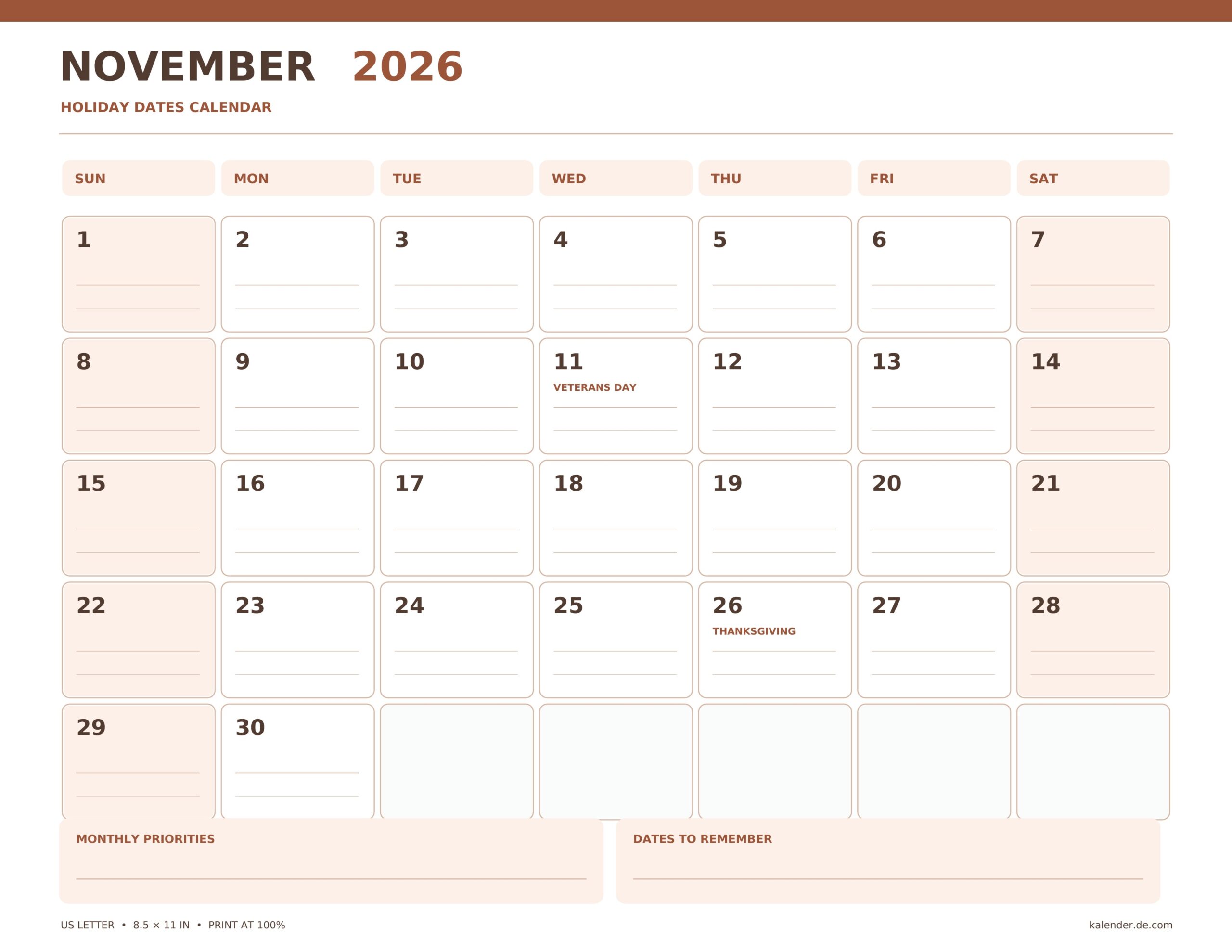 November 2026 holiday dates calendar, with correctly dated grid
