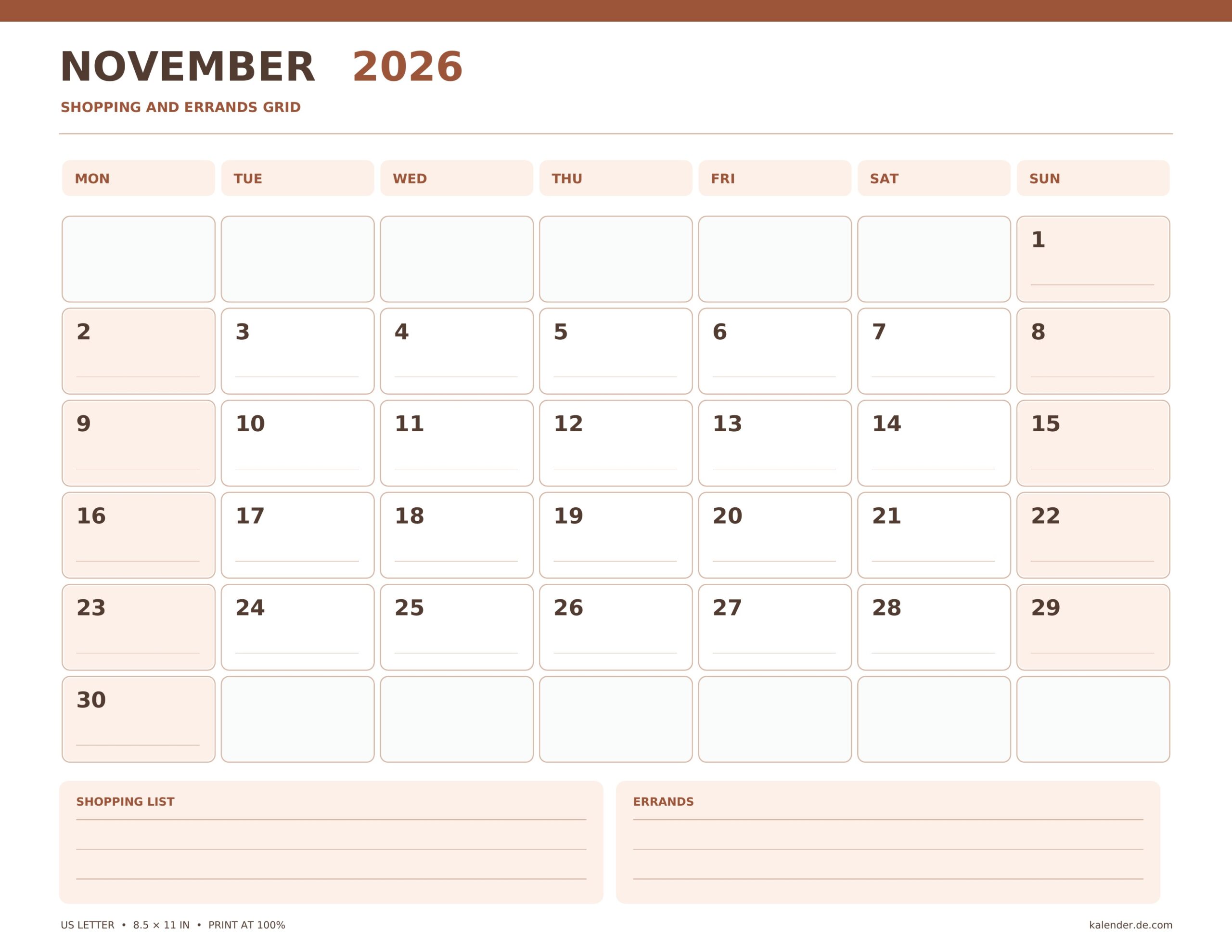 November 2026 shopping and errands grid, with correctly dated grid