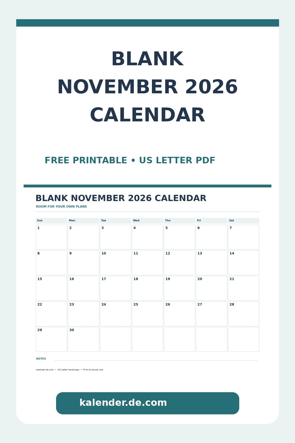 Blank November 2026 calendar printable Pinterest preview