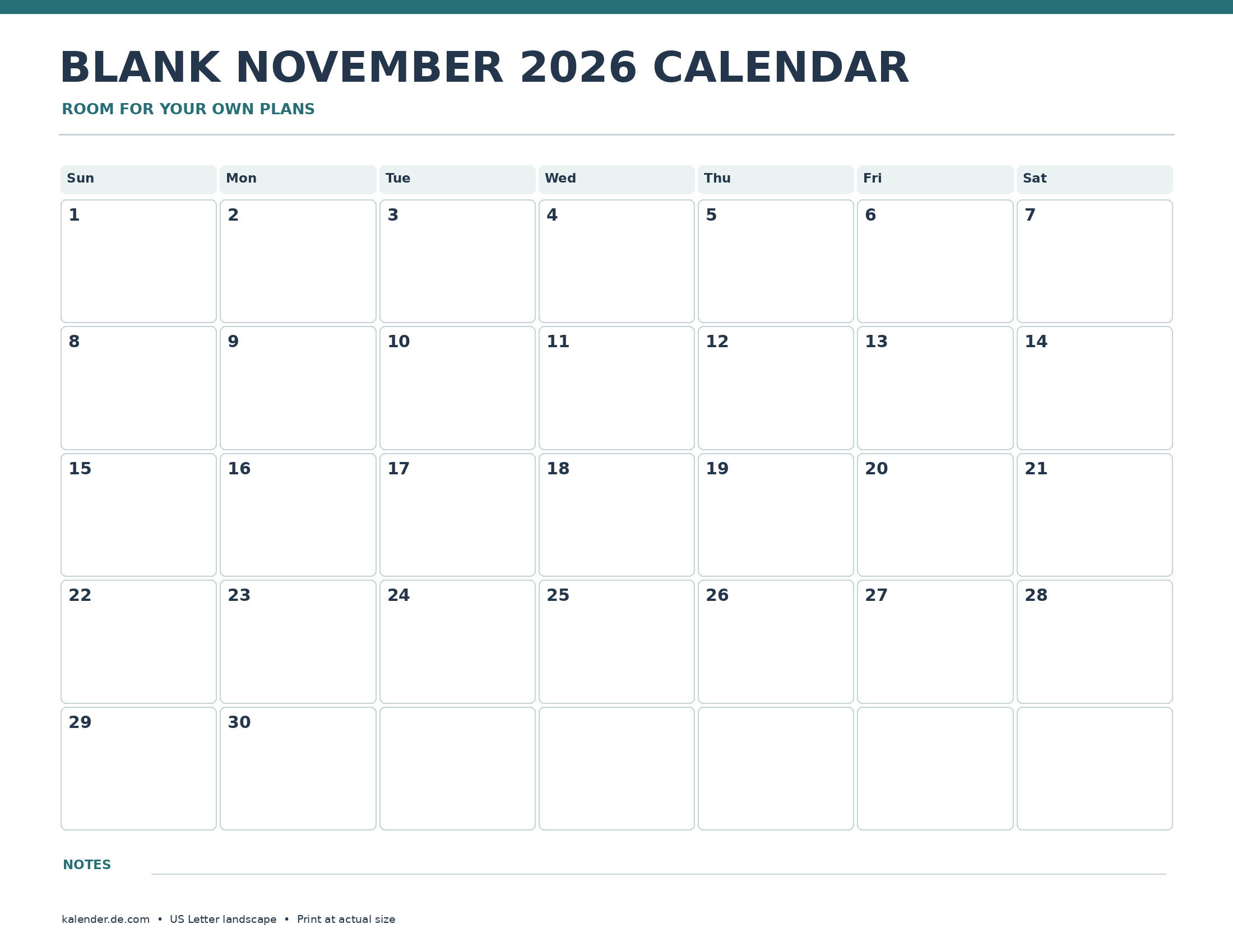Blank November 2026 Calendar Printable (Free PDF) dated grid, US Letter landscape