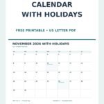 November 2026 Calendar With Holidays Printable (US) Pinterest calendar preview
