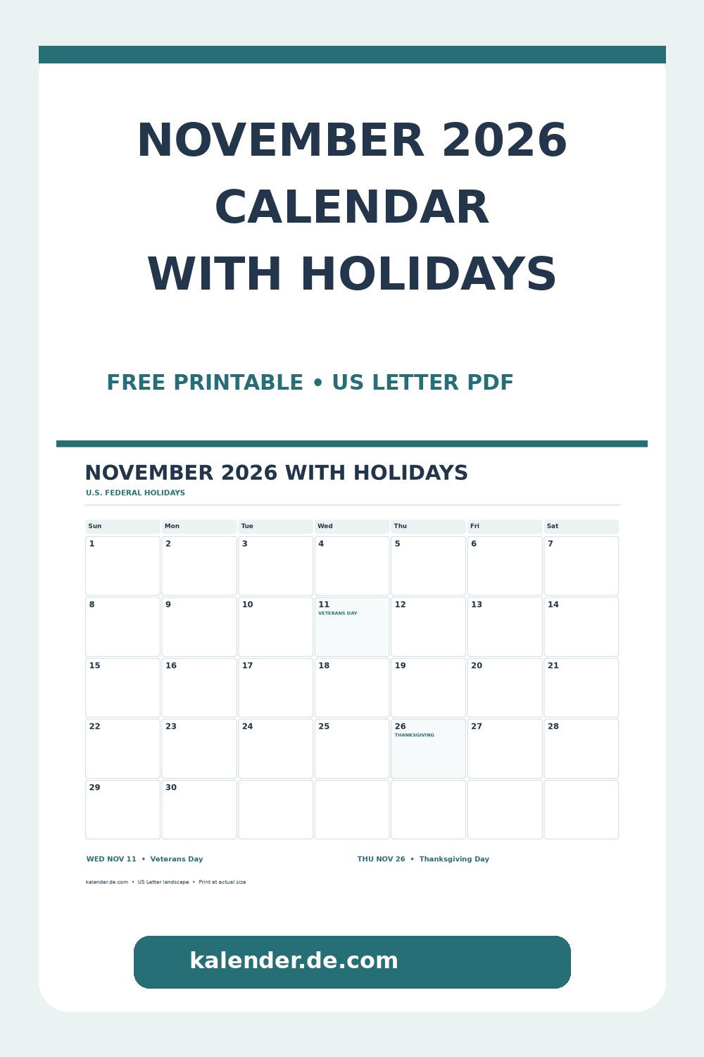 November 2026 Calendar With Holidays Printable (US) Pinterest calendar preview