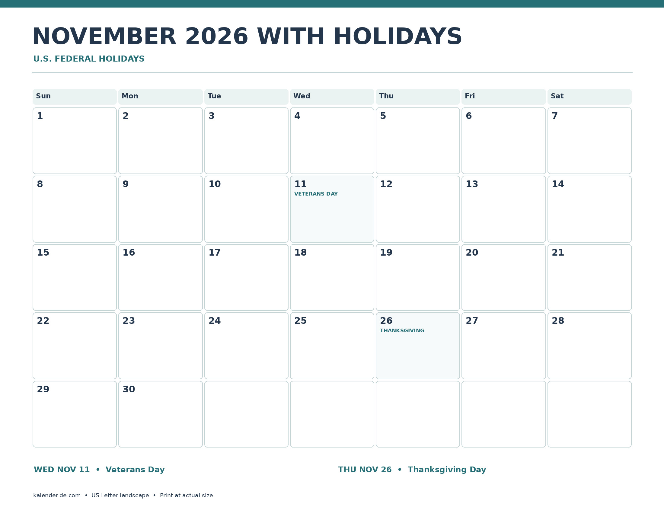 November 2026 Calendar With Holidays Printable (US) dated grid, US Letter landscape