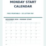 November 2026 Calendar Monday Start Printable Pinterest calendar preview