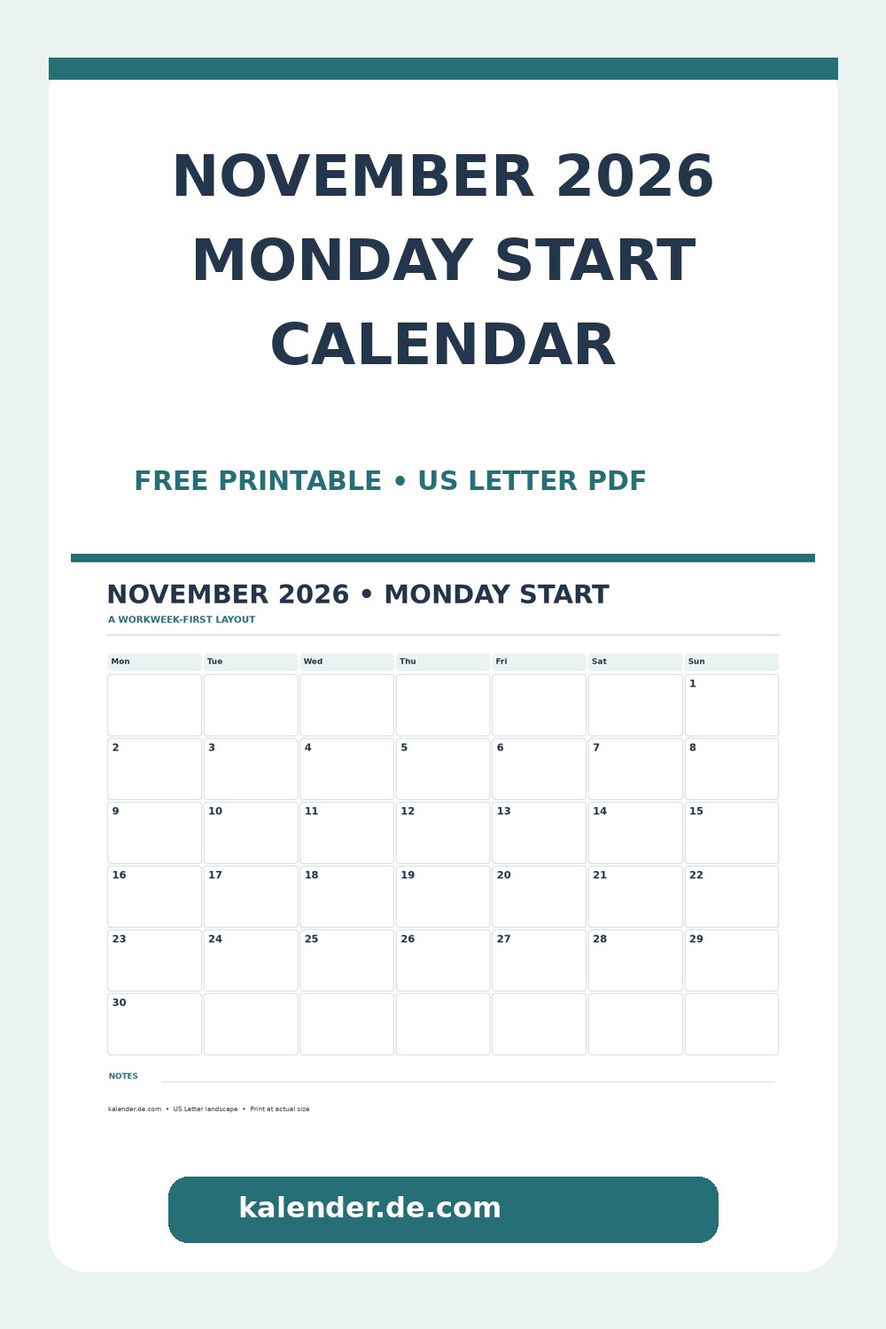 November 2026 Calendar Monday Start Printable Pinterest calendar preview