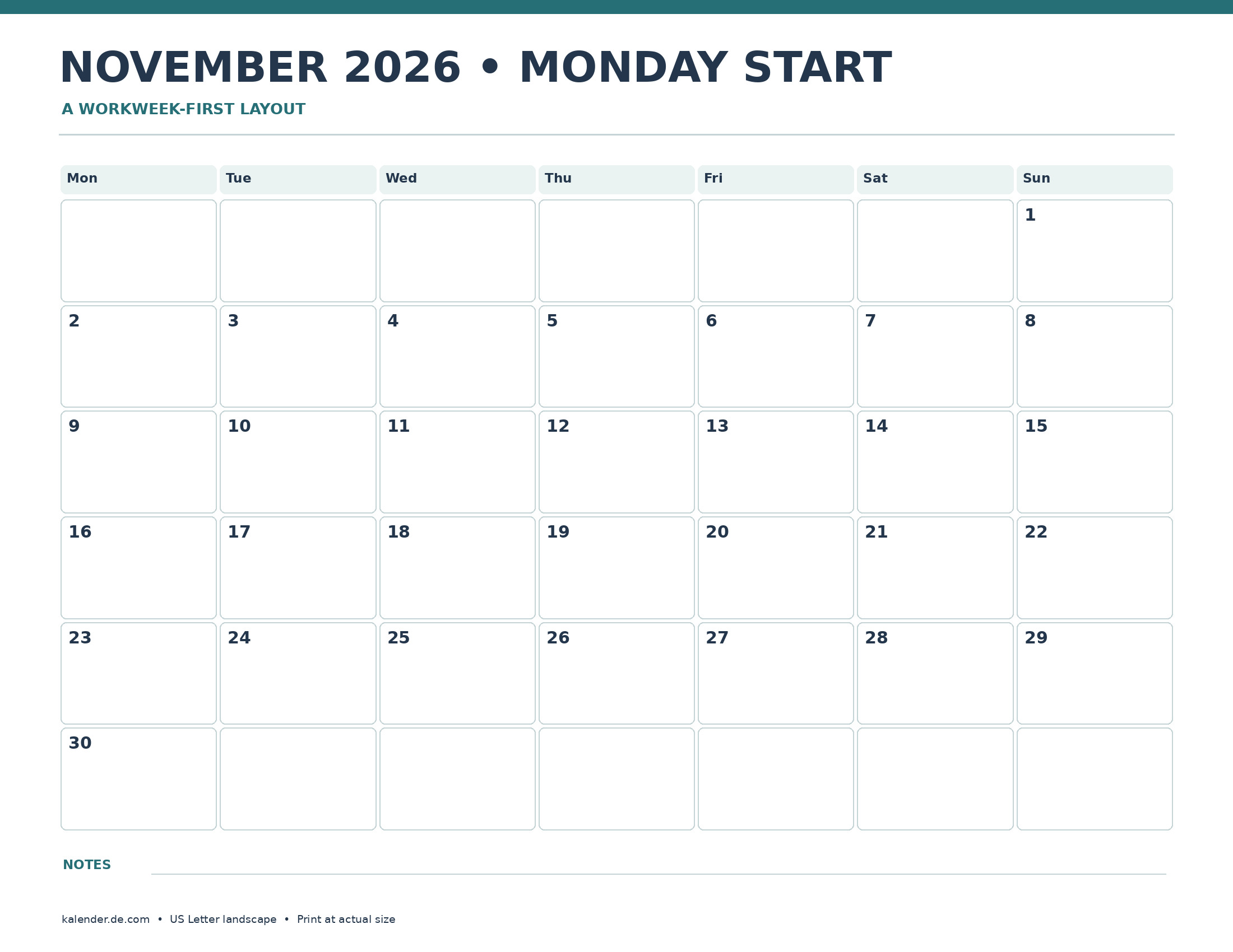 November 2026 Calendar Monday Start Printable dated grid, US Letter landscape