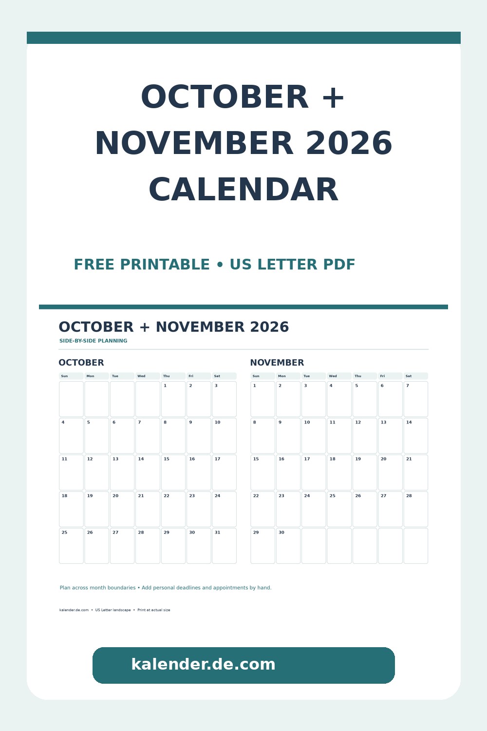 October and November 2026 Calendar Printable (PDF) Pinterest calendar preview
