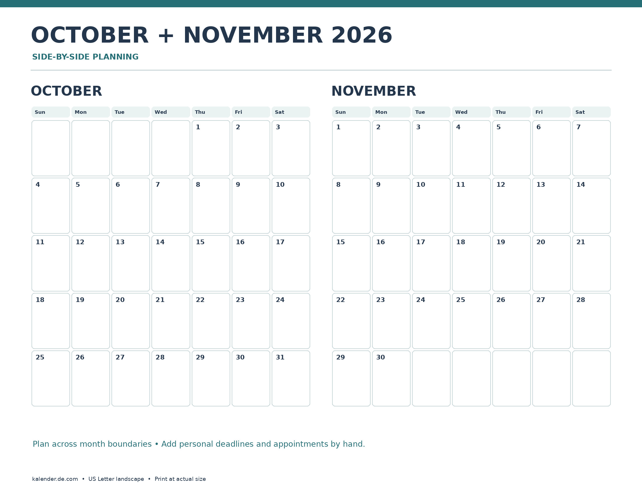 October and November 2026 Calendar Printable (PDF) dated grid, US Letter landscape