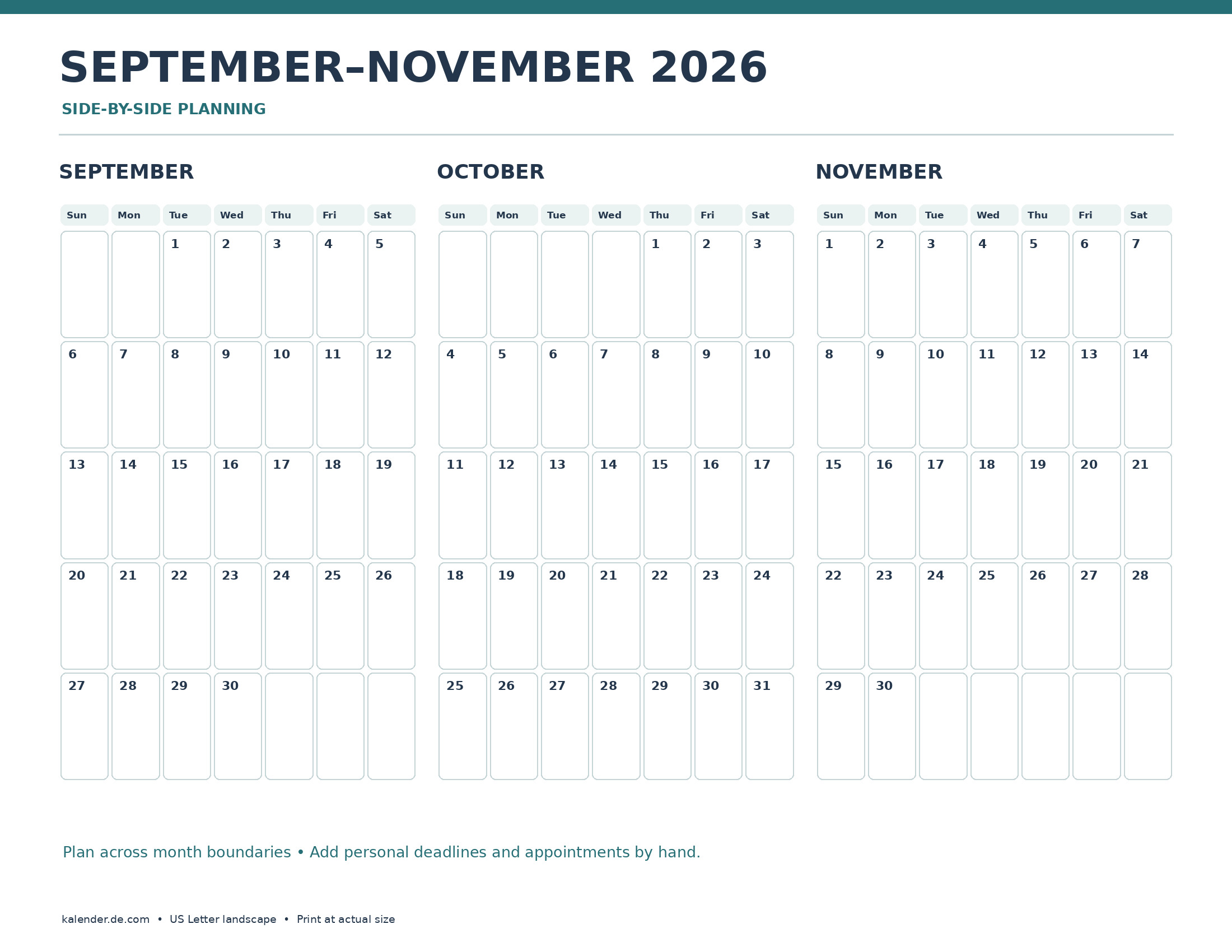 September October November 2026 Calendar Printable dated grid, US Letter landscape